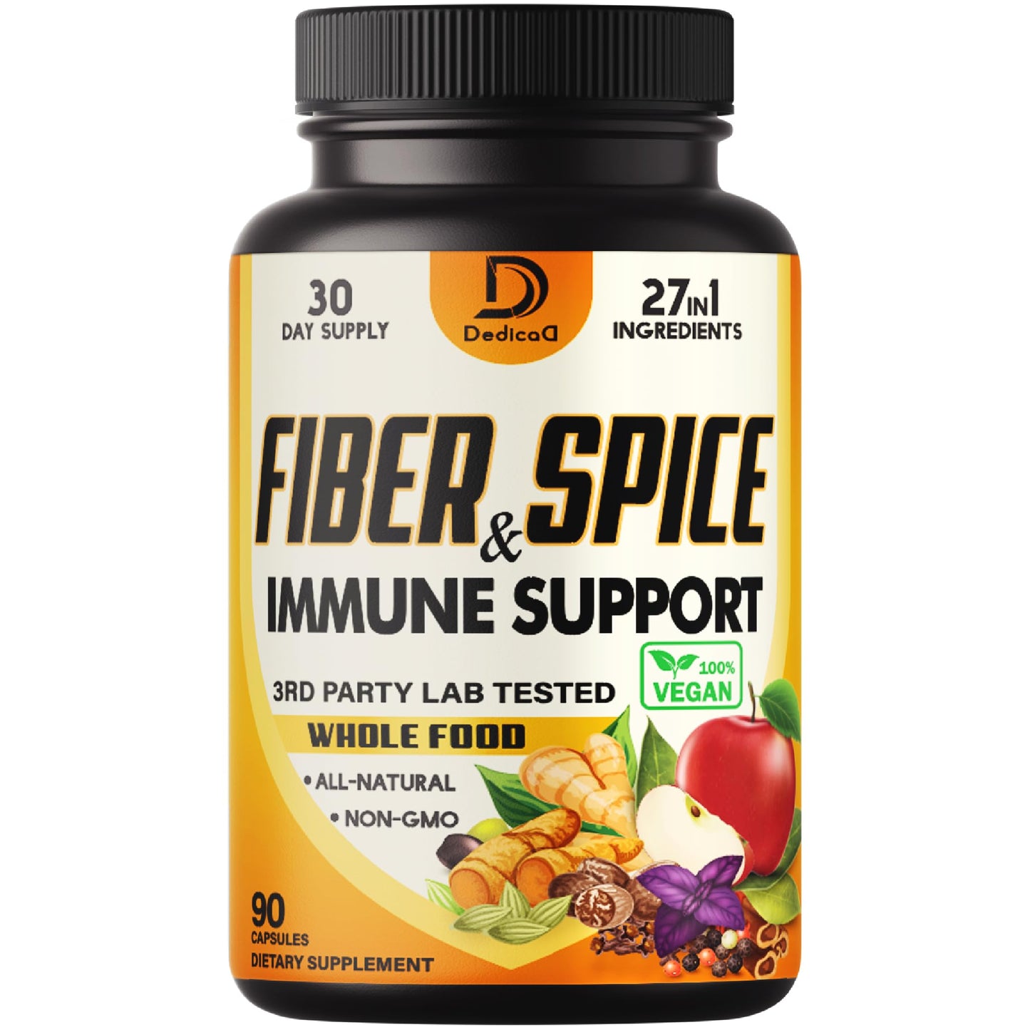 DEDICAD 27in1 Fiber and Spice Supplement - Combined with Organic Psyllium, Whole Apple, Elderberry & More - Support Mood, Body & Immunity 90 Capsules