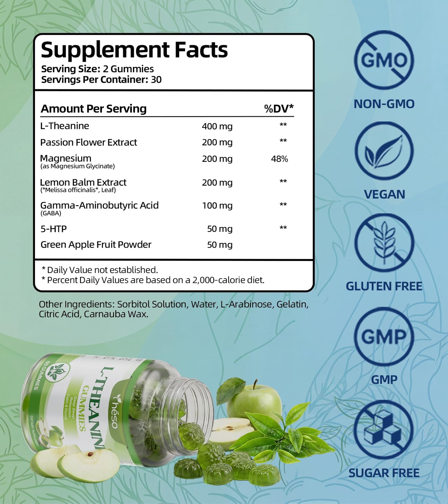 Yheso L-Theanine Gummies 400mg, Green Apple, 120 Count