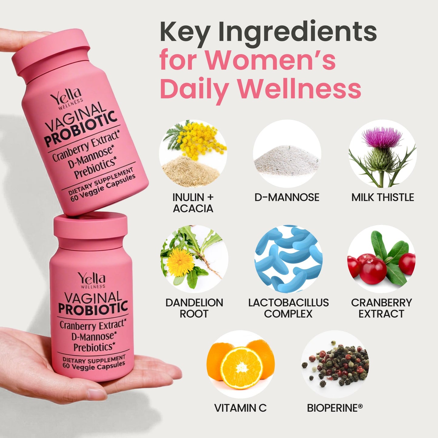 YELLA WELLNESS Vaginal Probiotics & Prebiotics for Women with Cranberry Extract Capsules, 60 Count