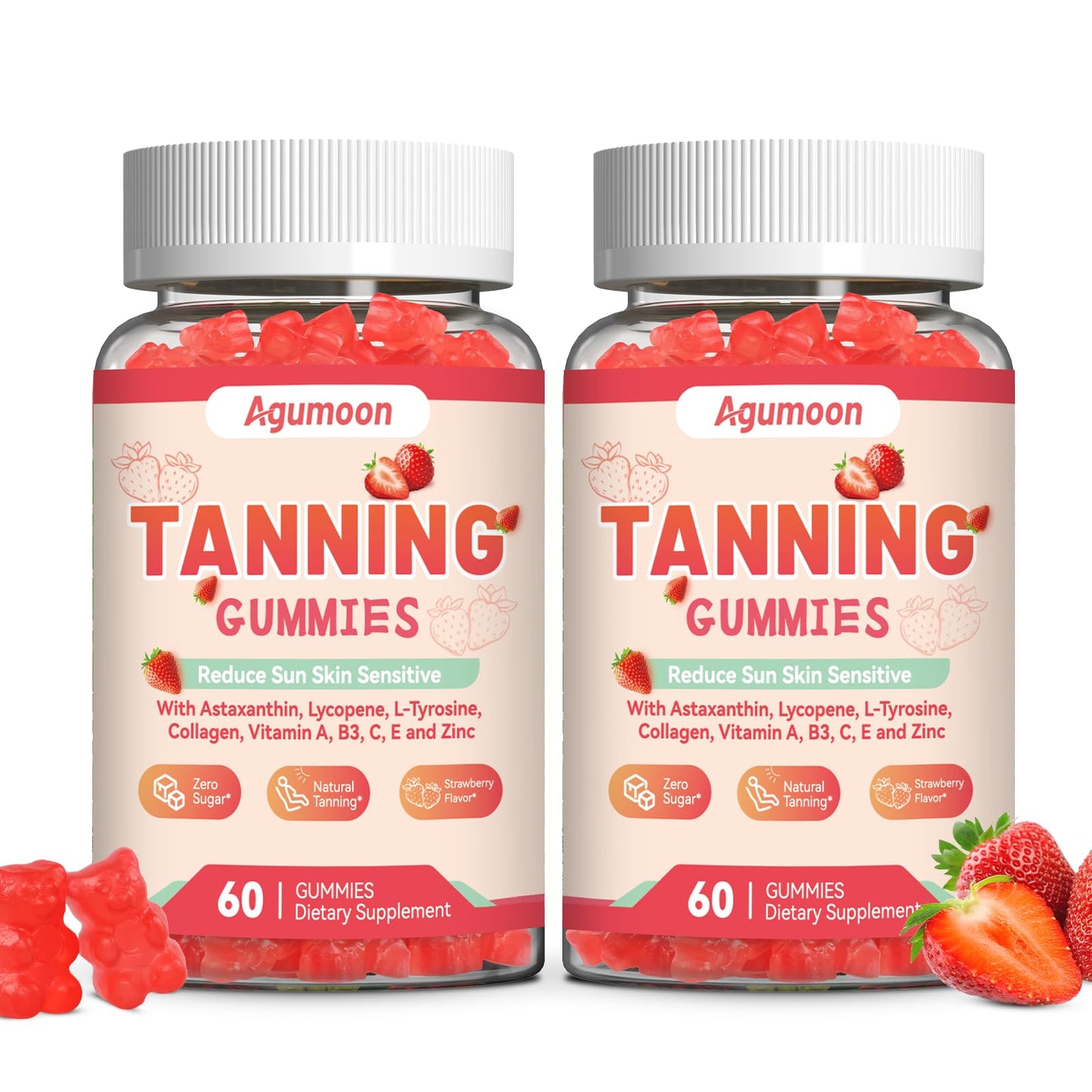 Agumoon Tanning Gummies for Women and Men, Self Tan Supplement with Beta Carotene, Lycopene, Astaxanthin, Collagen & Vitamins, for Skin Health & Pigmentation, Vegan, 120 Gummies