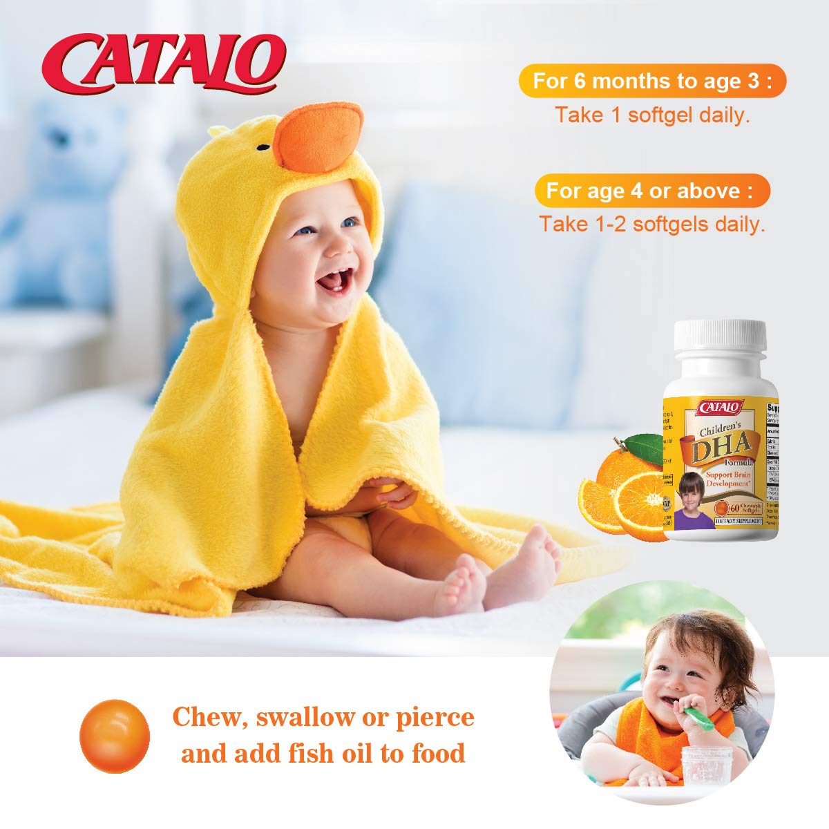 CATALO Children’s DHA Formula – Chewable Softgels with Fish Oil for Kids, 200mg DHA per Serving, Orange Flavor, 60 Softgels