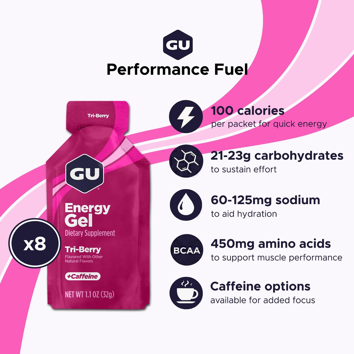 GU Energy Original Sports Nutrition Energy Gel, Vegan, Gluten-Free, Kosher, and Dairy-Free On-the-Go Energy for Any Workout, 8-Count, Tri-Berry