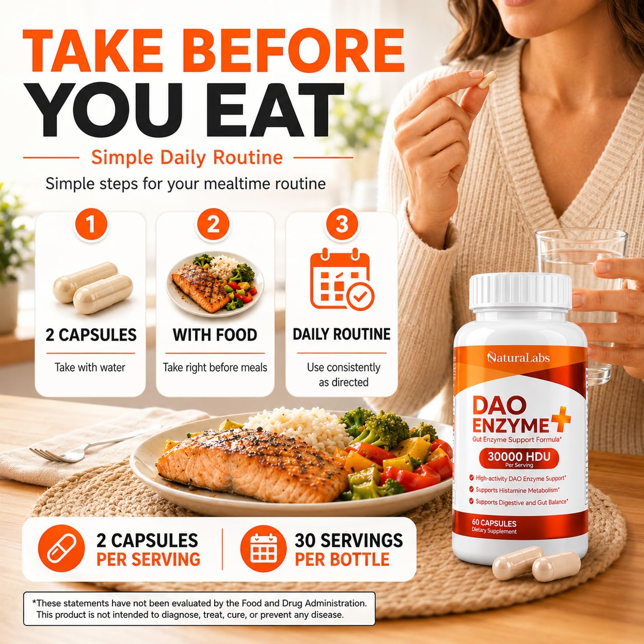 NATURALABS DAO Enzyme + Histamine Blocker - Triple-Strength 30,000 HDU Formula - DAO Enzyme Supplements with Vitamin C - Histamine Intolerance Digestive Support, 60 Capsules