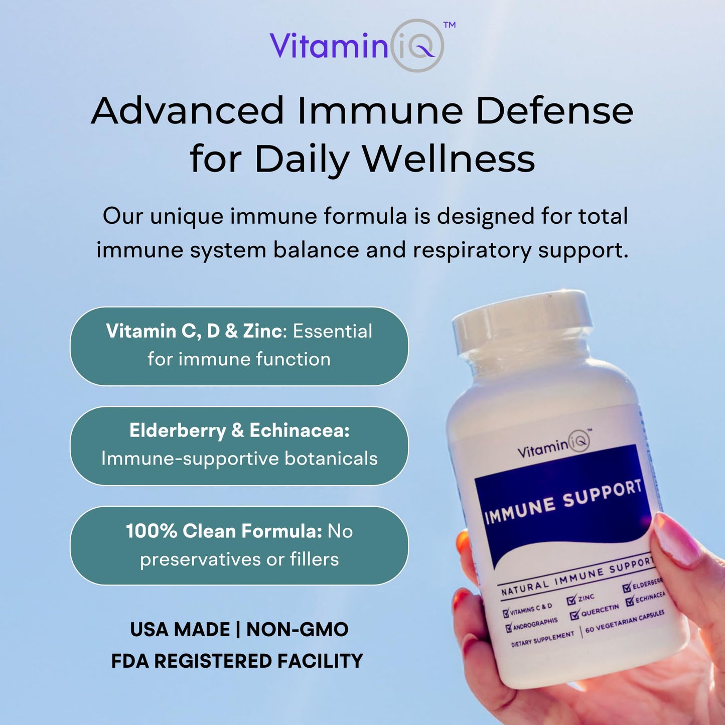 VitaminIQ Immune Support Supplement with Vitamin C and Zinc, Sambucus Elderberry, Vitamin D3, Glutathione, Echinacea 60 Capsules