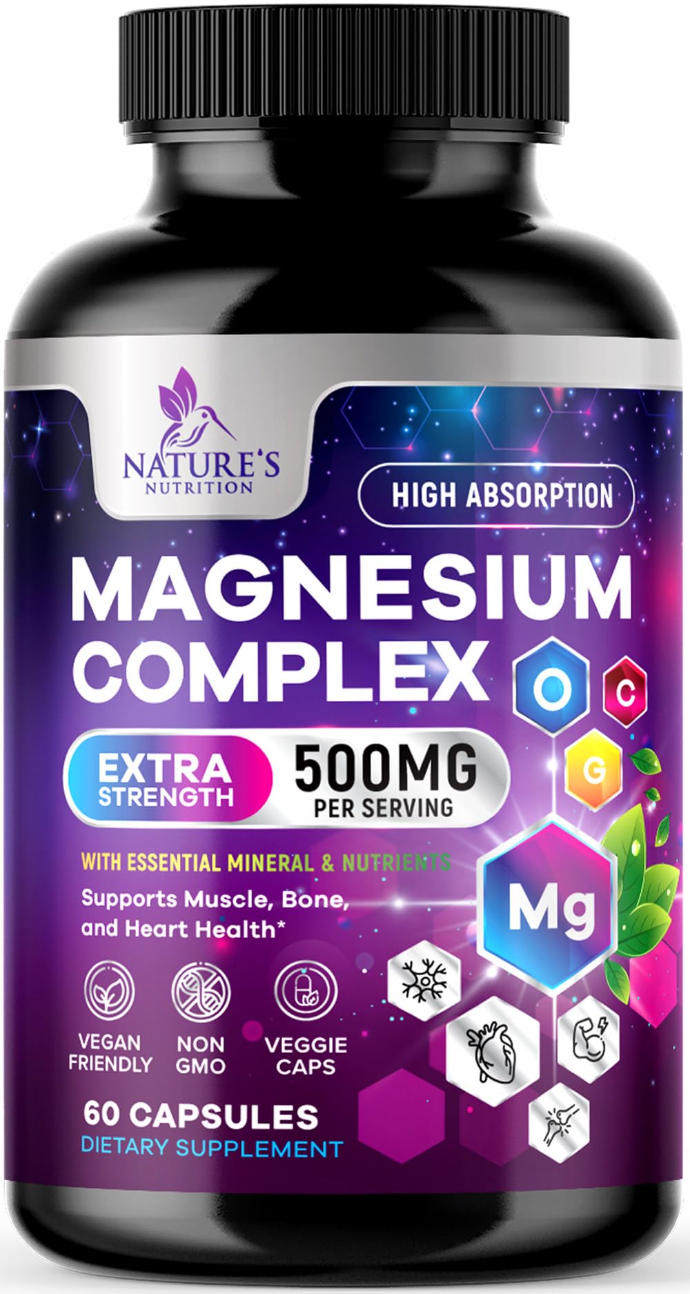 Nature's Nutrition Magnesium Complex Supplement 500 mg Per Serving - 4 in 1 High Absorption Blend - Chelated Magnesium Glycinate with Malate, Citrate & Oxide - Vegan Complex 60 Capsules
