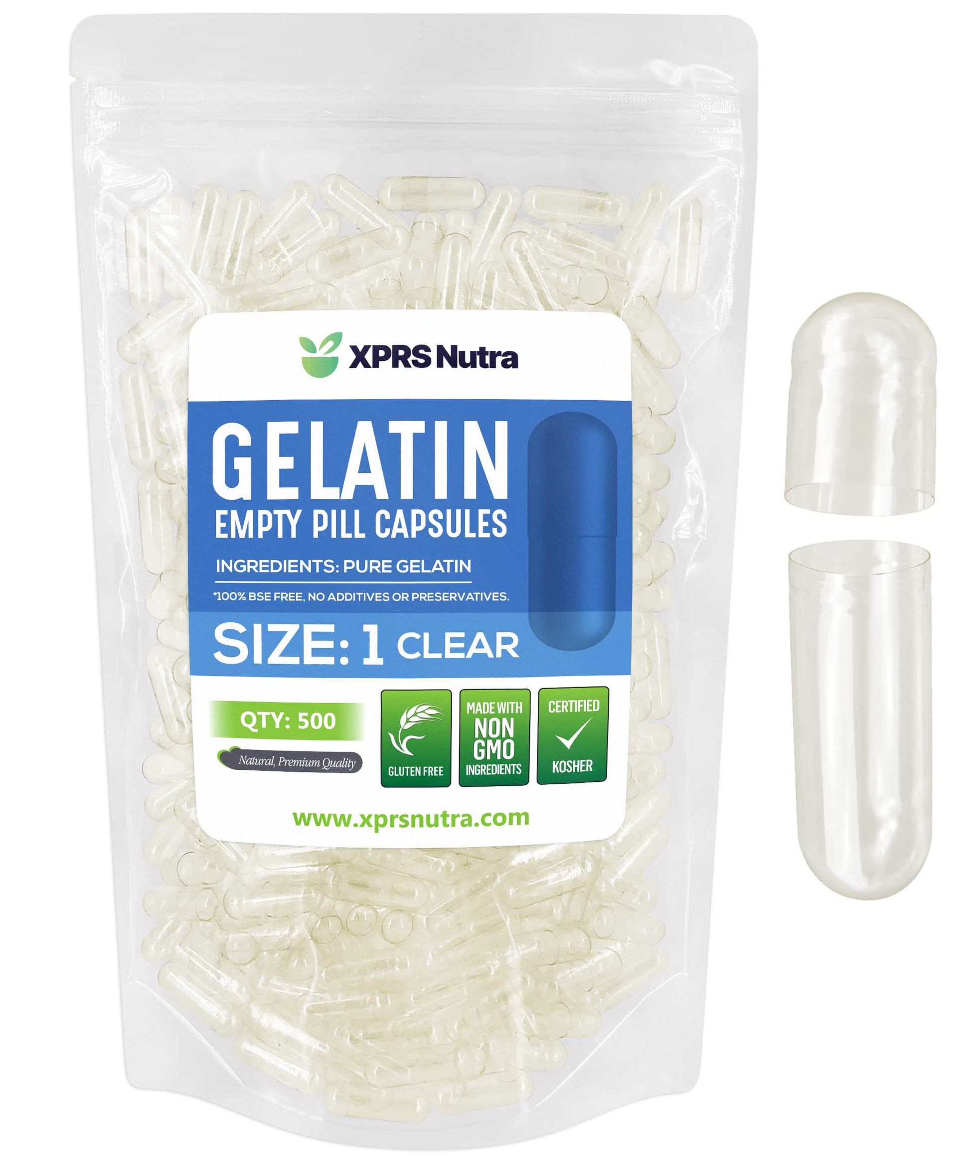 XPRS Nutra Size 1 Empty Gelatin Capsules, 500 Count