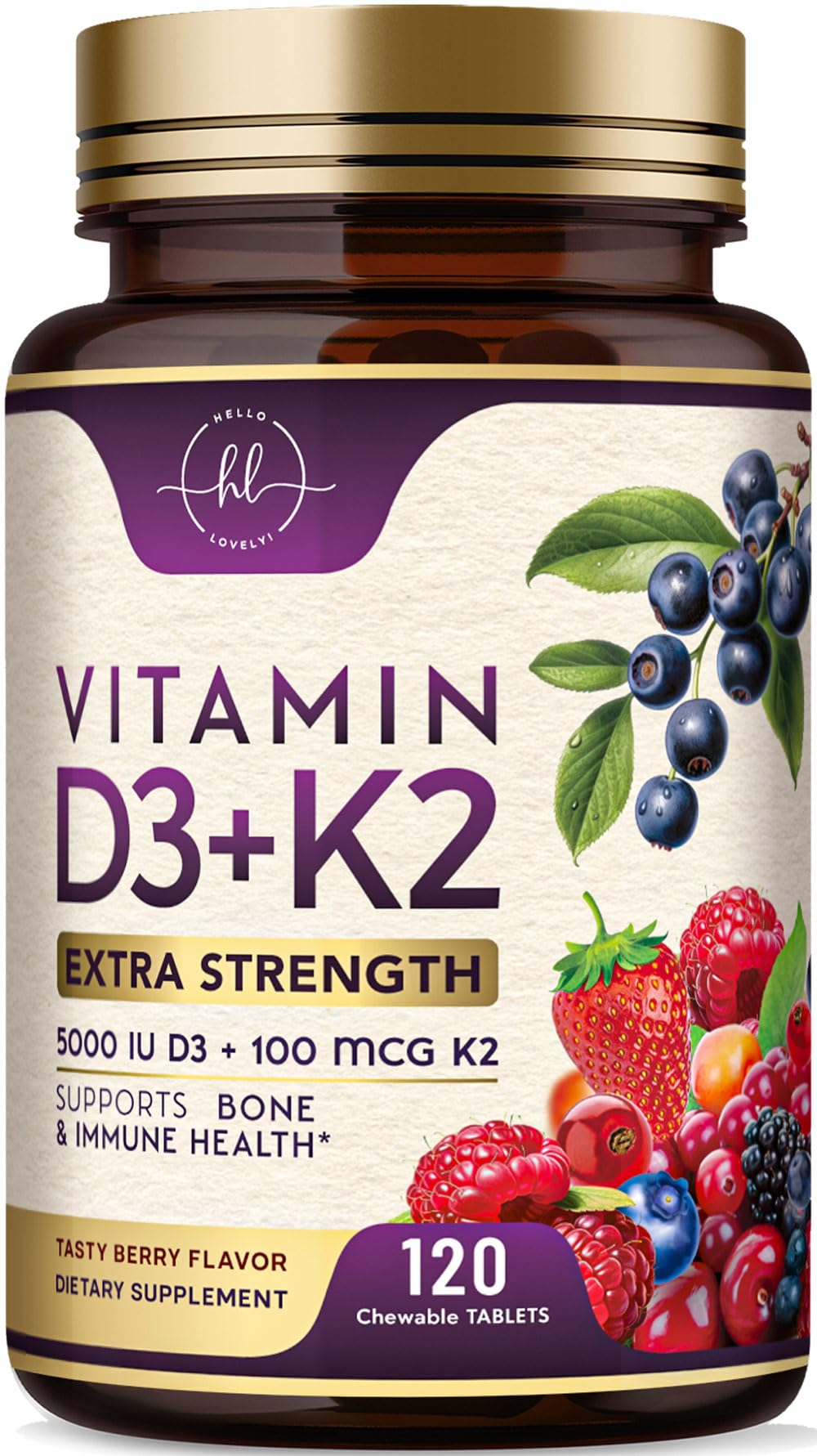 Hello Lovely! Vitamin D3 K2 (MK-7) Complex - 5000 IU per Serving for Immune Support and Bone Health - Berry Chewable, Gluten Free, 120 Tablets
