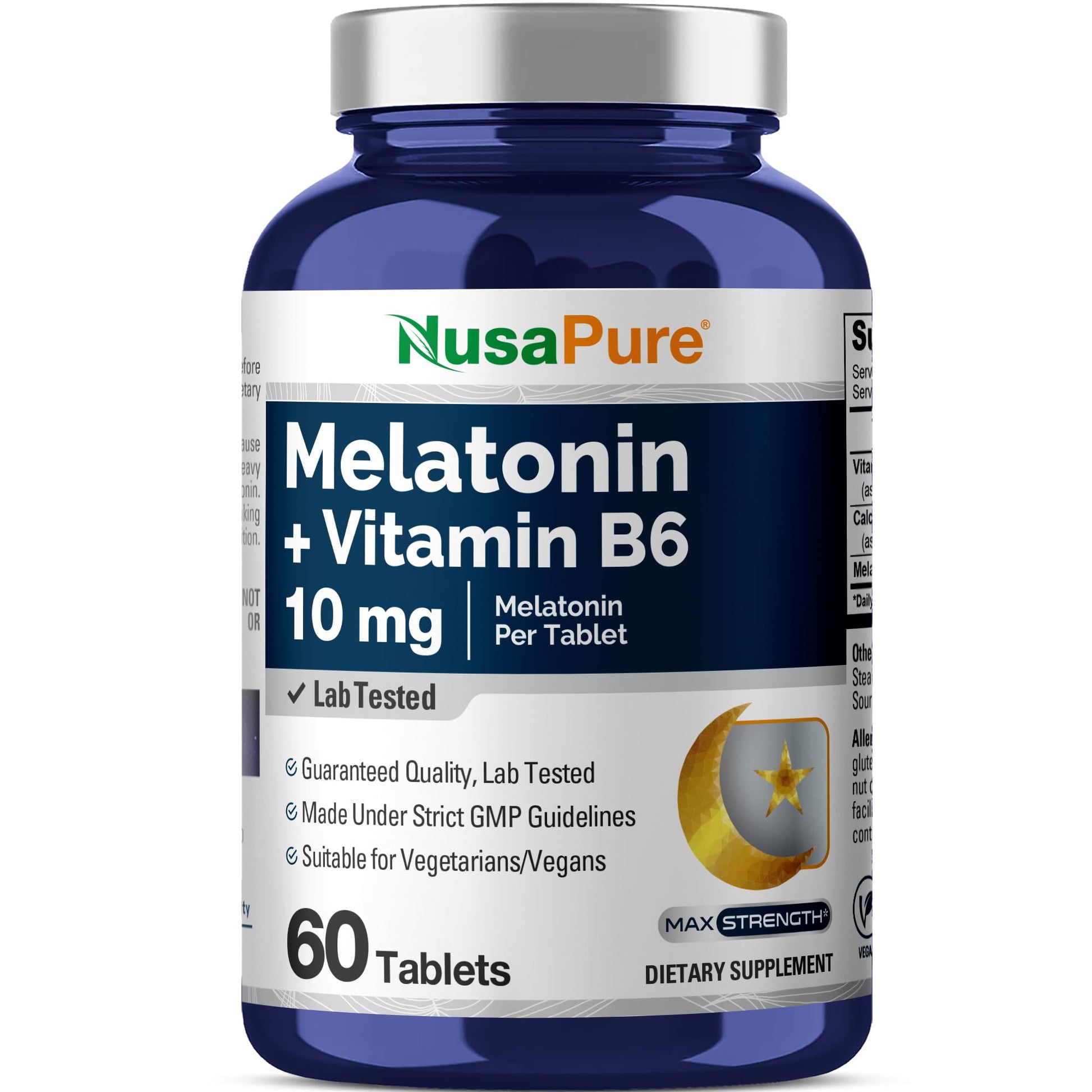 NusaPure Melatonin + Vitamin B6 10 mg Tablets, 60 Count