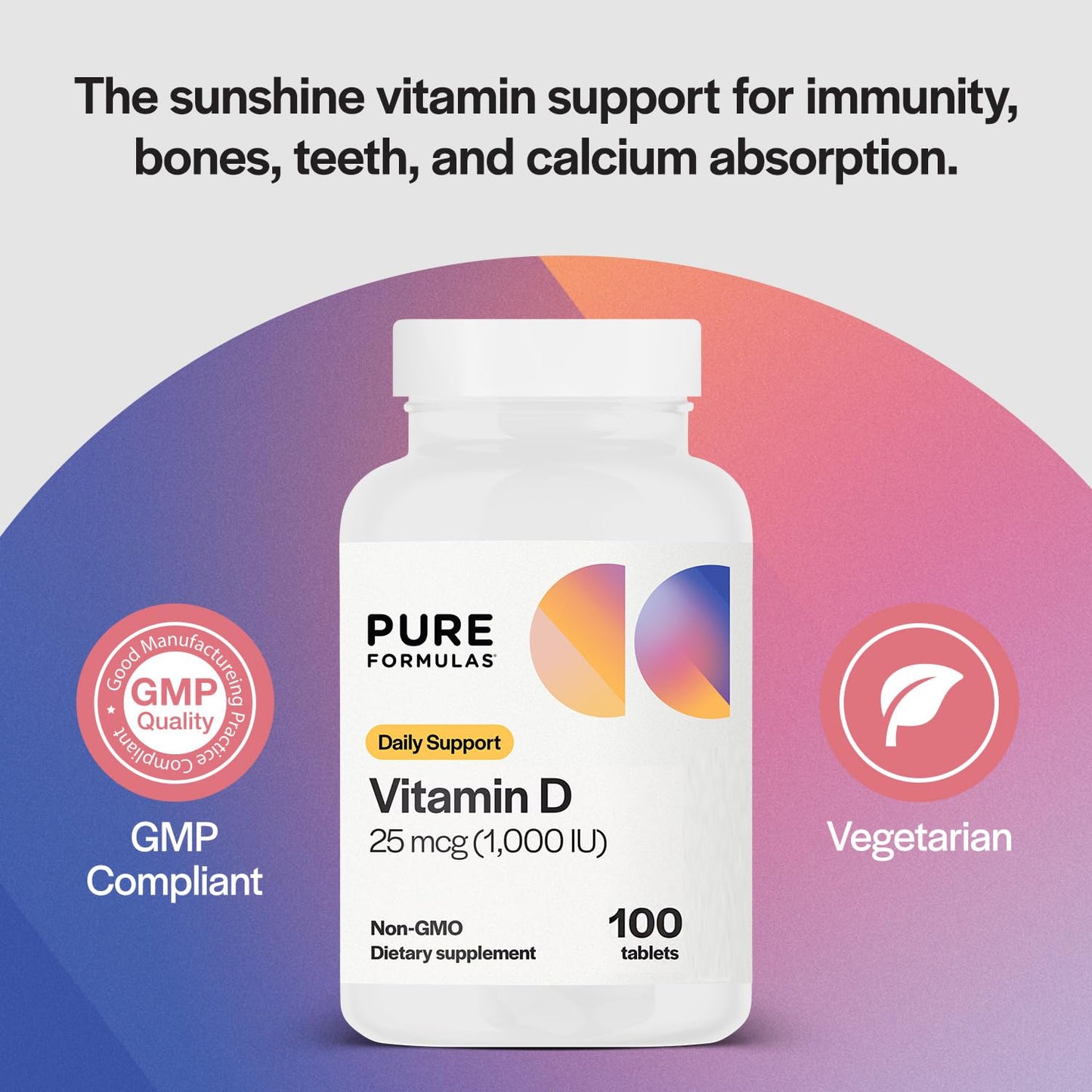 PureFormulas Vitamin D3 1,000 IU 25 mcg Premium Vitamin D Supplement for Healthy Bone Formation, Teeth, Cardiovascular Health, and Immune Support Non-GMO, 100 Tablets