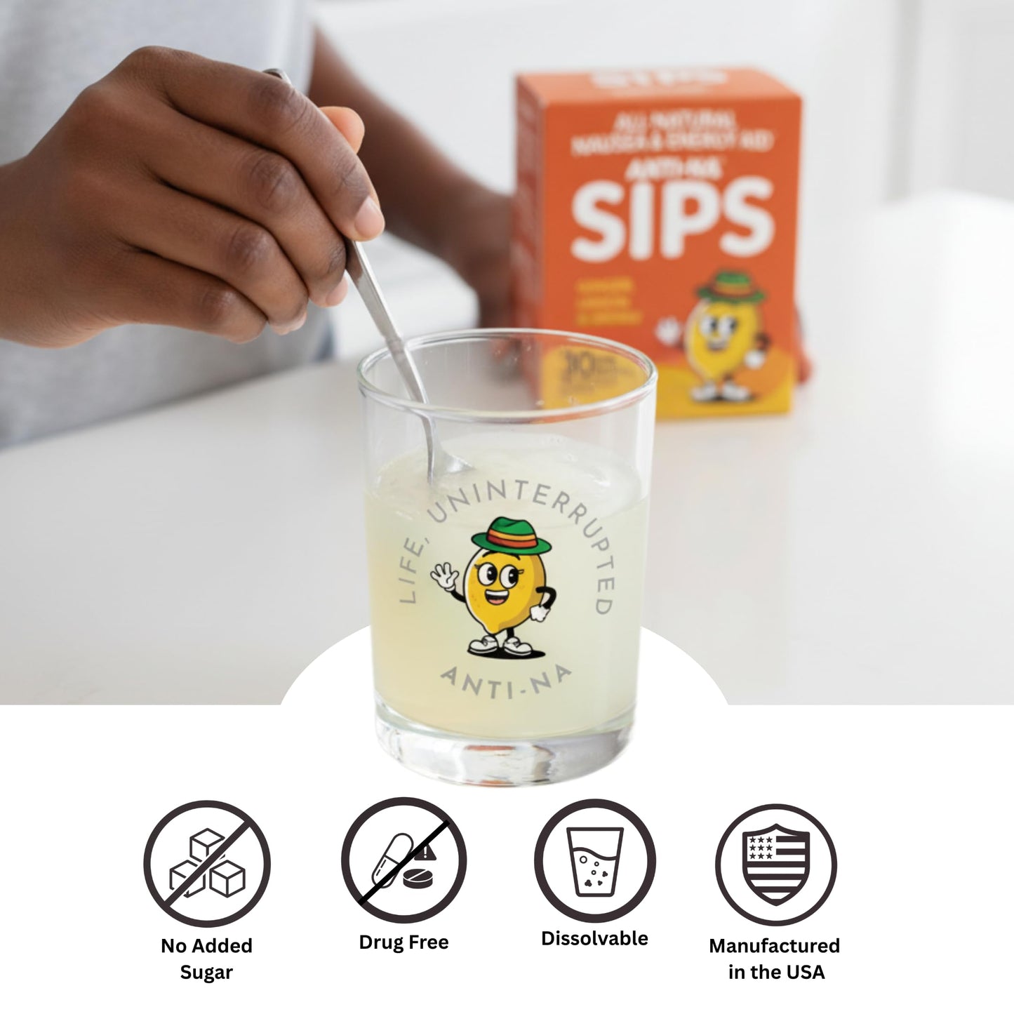 Anti-Na SIPS Life Uninterrupted Dual-Action Nausea Relief and Energy Support Premium Ginger Dissolving Mix, 4 Packets