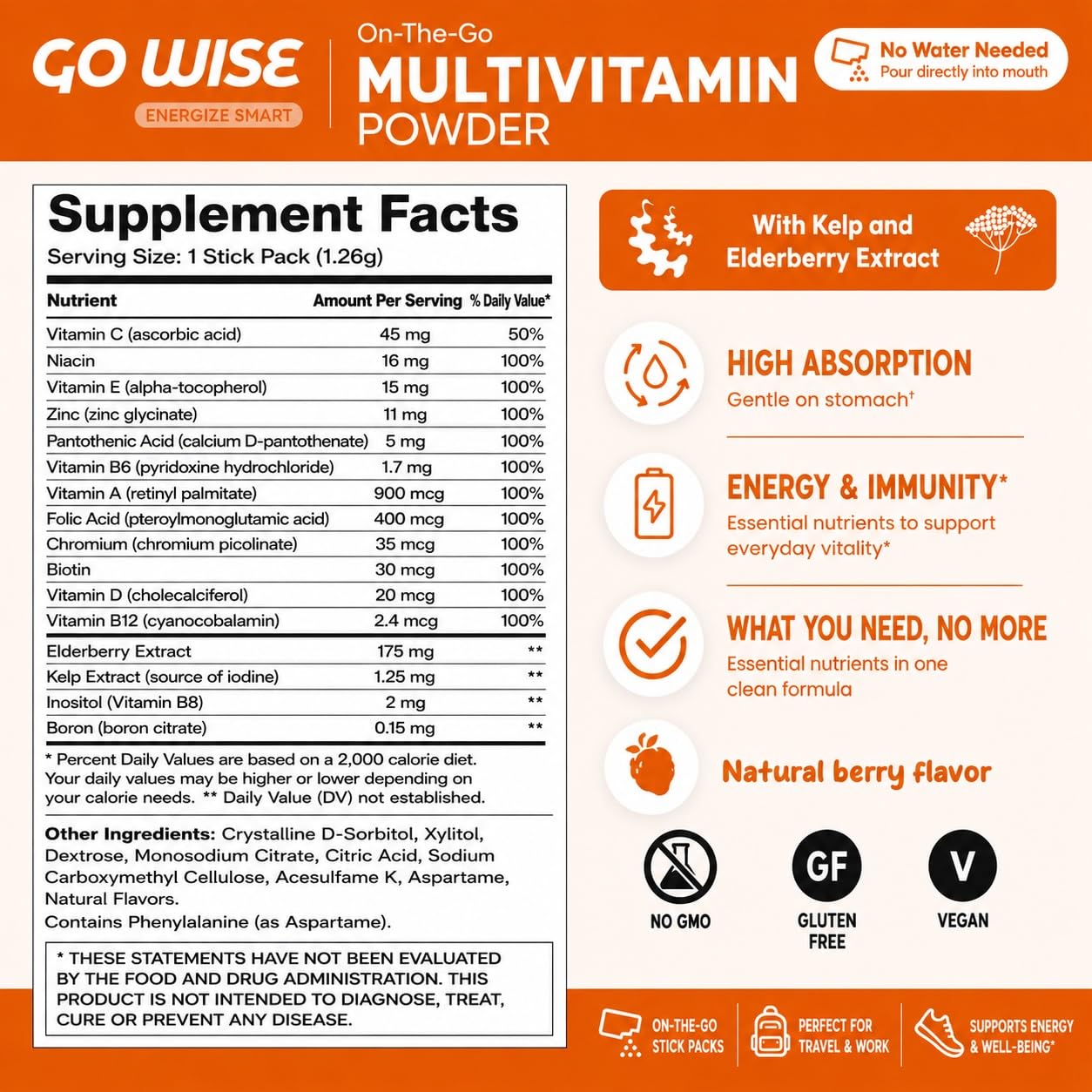 Go Wise Daily Multivitamin Powder for Women and Men 42 Sticks