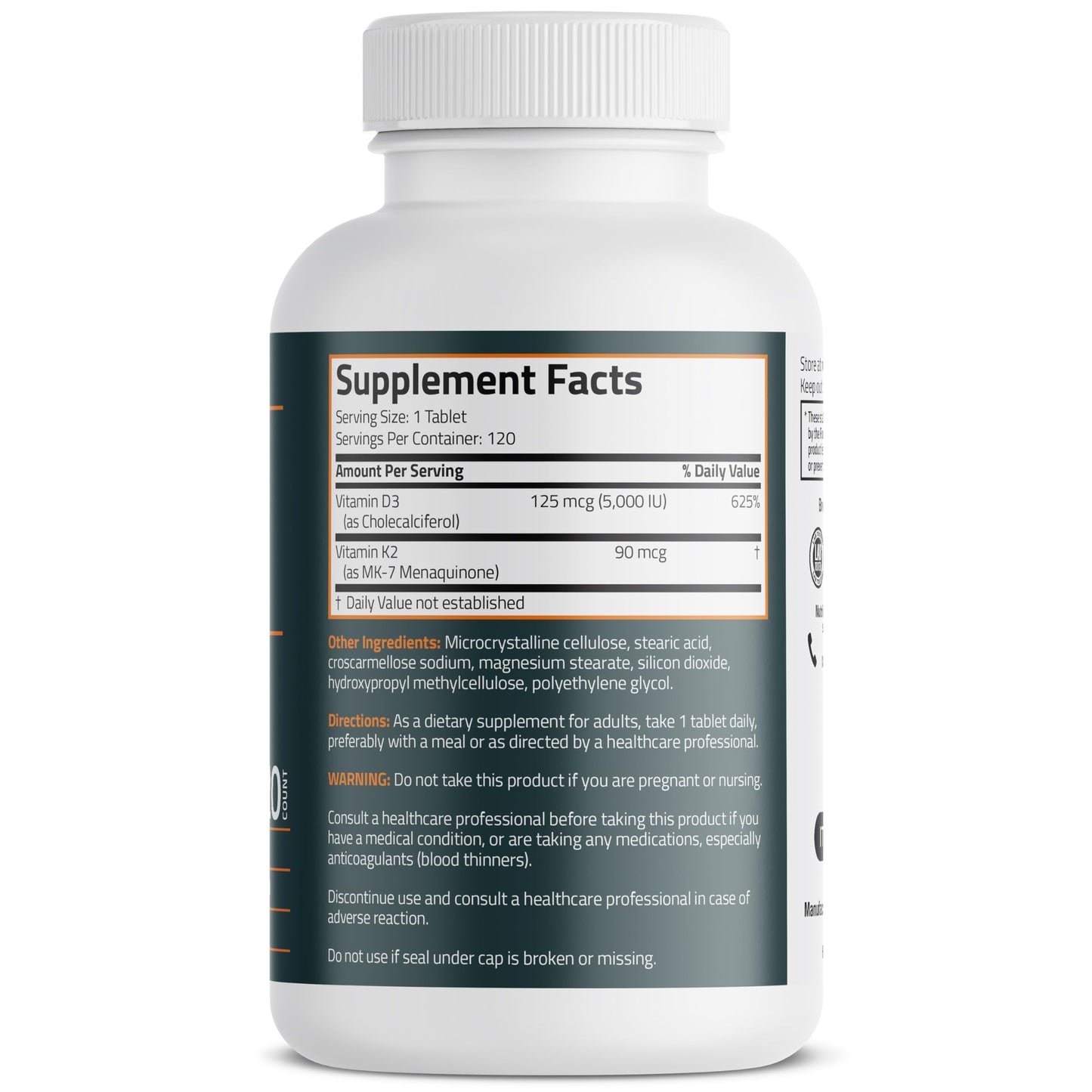 Bronson Vitamin K2 D3 (MK7) Supplement 2-in-1 D3 & K2 Complex Tablet, 120 Tablets
