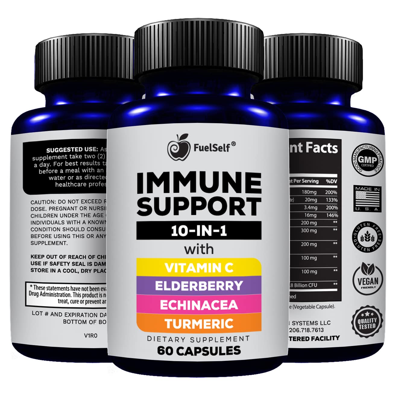 FuelSelf Immune Support Booster Supplement with Elderberry, Vitamin C, Echinacea, Turmeric Curcuminoids, Vitamin E, Vitamin B6, Zinc, L-Glutamine HCL, Garlic, Lactobacillus Acidophilus Capsules, 60 Count