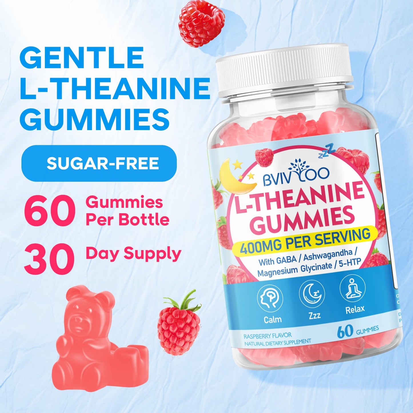 BVIVLOO L-Theanine Gummies with Ashwagandha, GABA, 5-HTP & Magnesium Glycinate for Calm & Relaxation, Vegan Raspberry Flavor, 2 Count