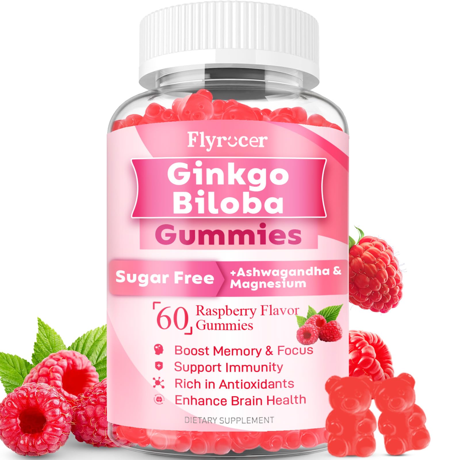 Flyrocer Ginkgo Biloba Gummies for Adults & Kids 60 Count
