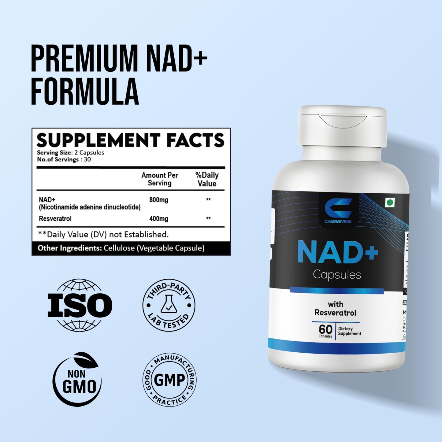 CHARMSVEDA NAD+ Capsules with Resveratrol & Black Pepper, 60 Vegan Capsules