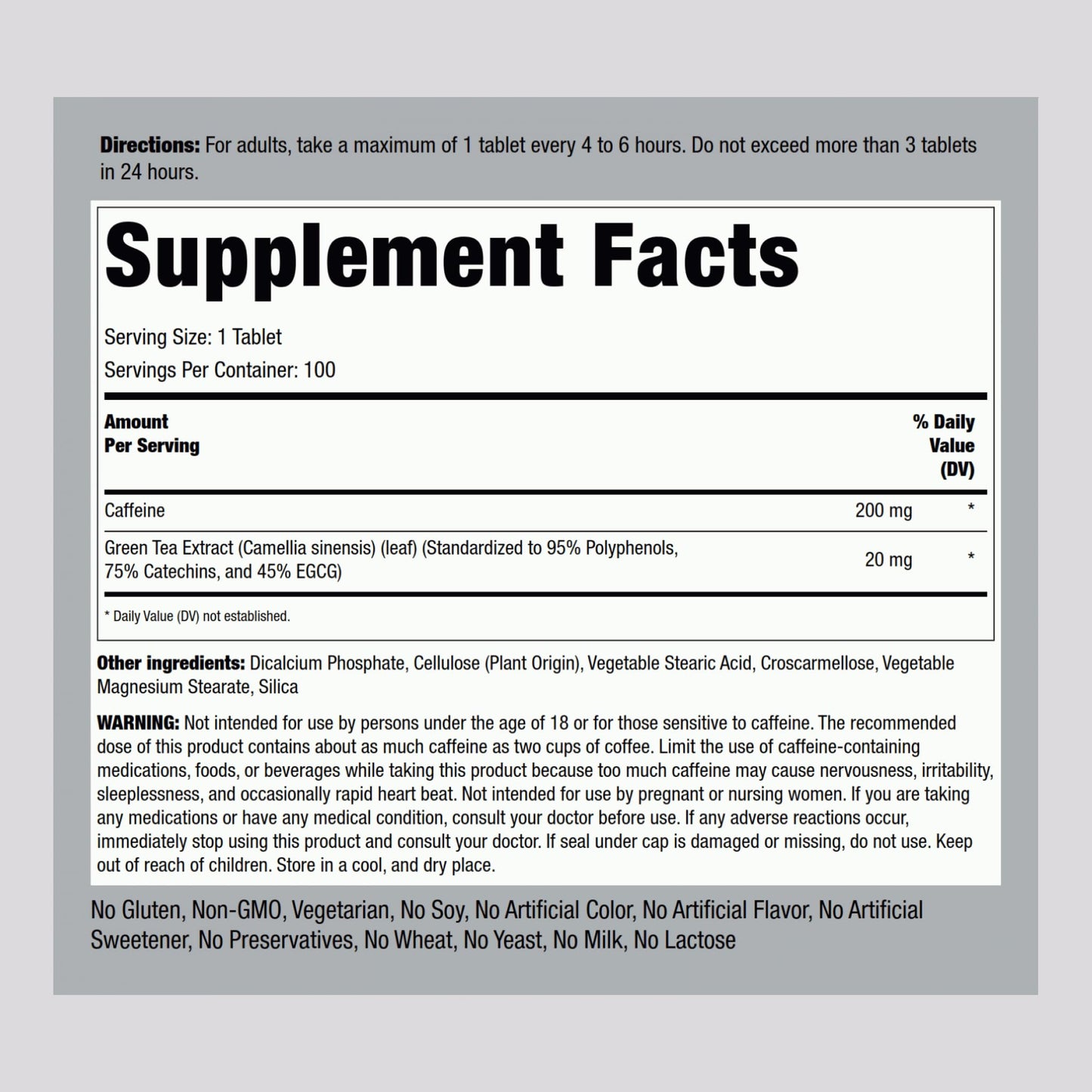 Piping Rock Caffeine Pills 200mg Tablets, 100 Count