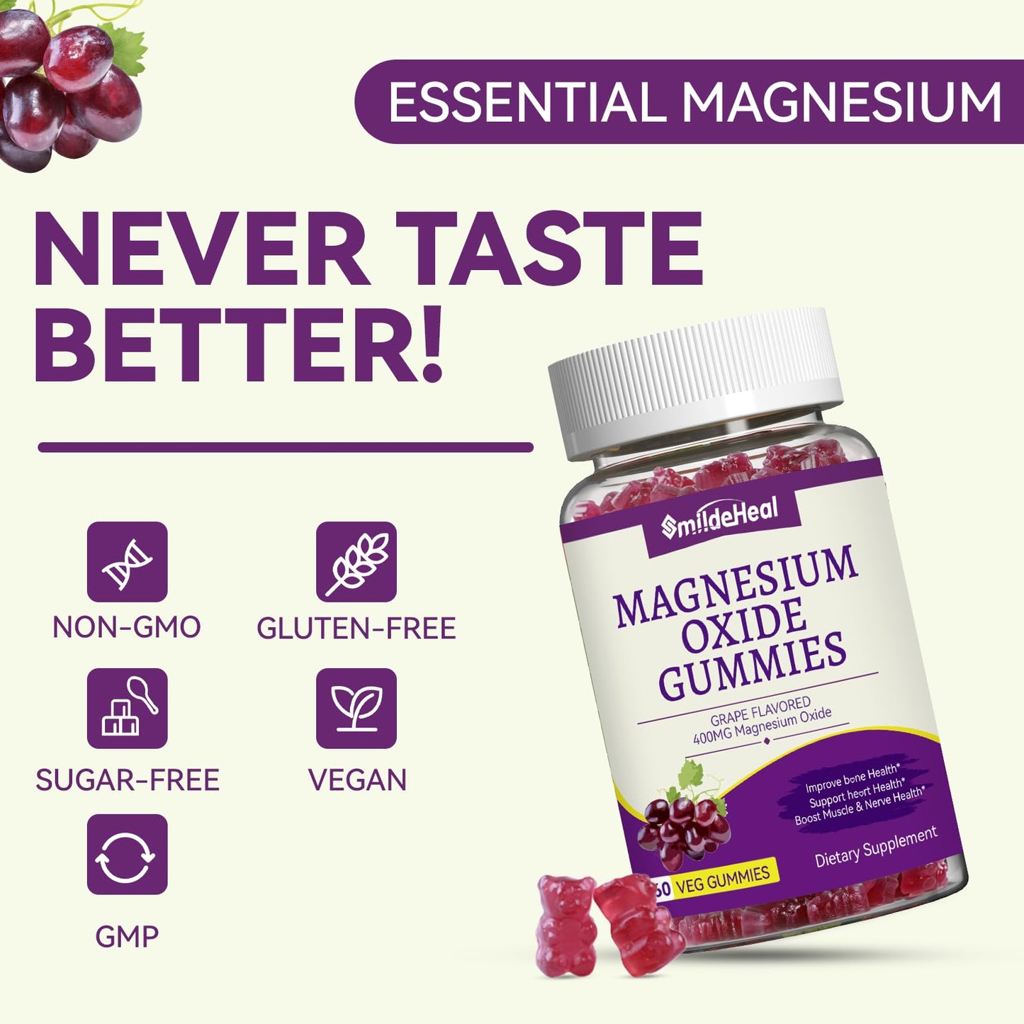 SmildeHeal Magnesium Oxide Gummies 400mg Gummy 60 Count