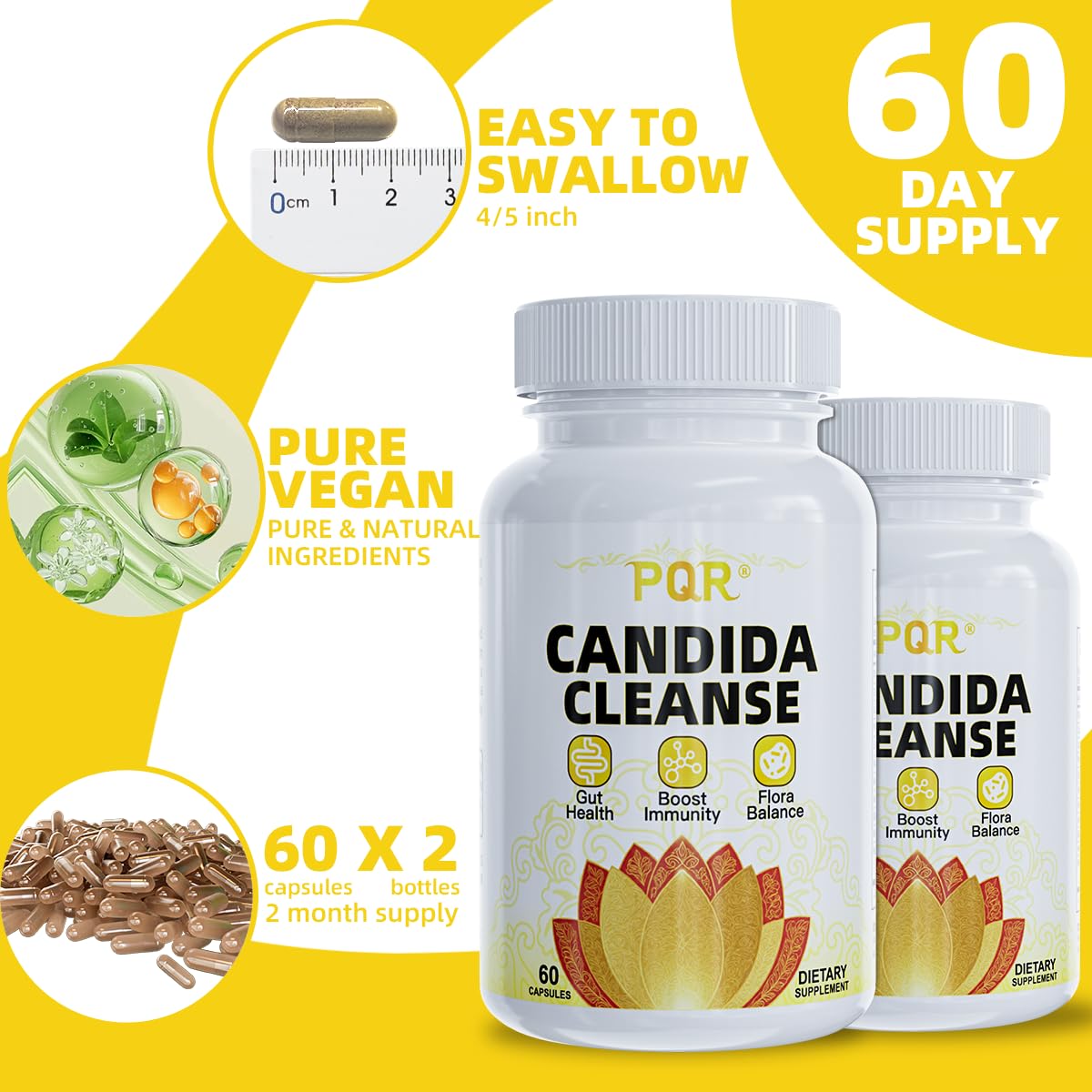 PQR Candida Cleanse - Gut & Colon Support, Natural Herbal Formula, Include Oregano Leaf, Wormwood, Black Walnut, Caprylic Acid-1, 120 Capsules