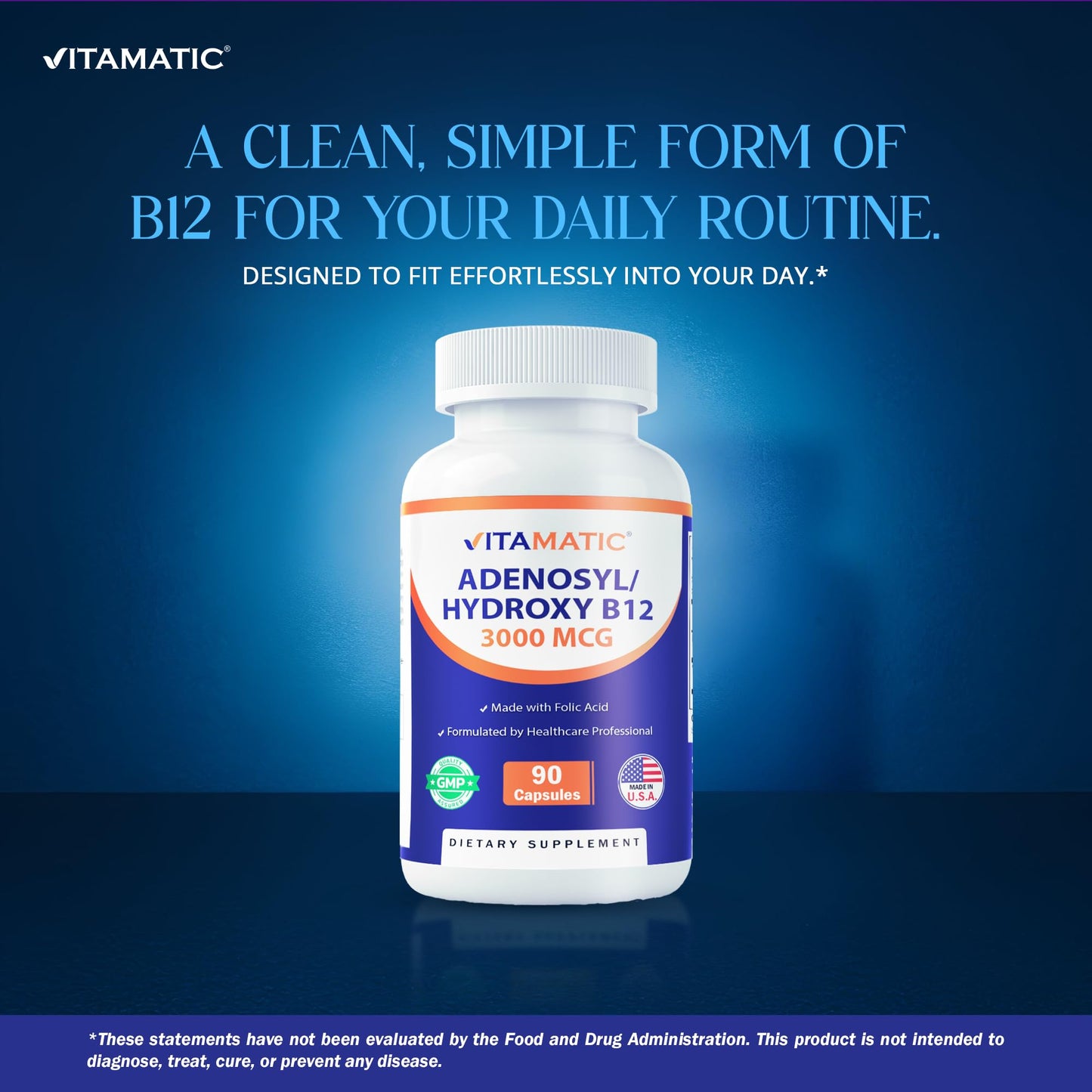 Vitamatic Adenosylcobalamin Hydroxocobalamin B12-3000 mcg with Folic Acid – Dual Active Form of B12, 90 Veg Capsules