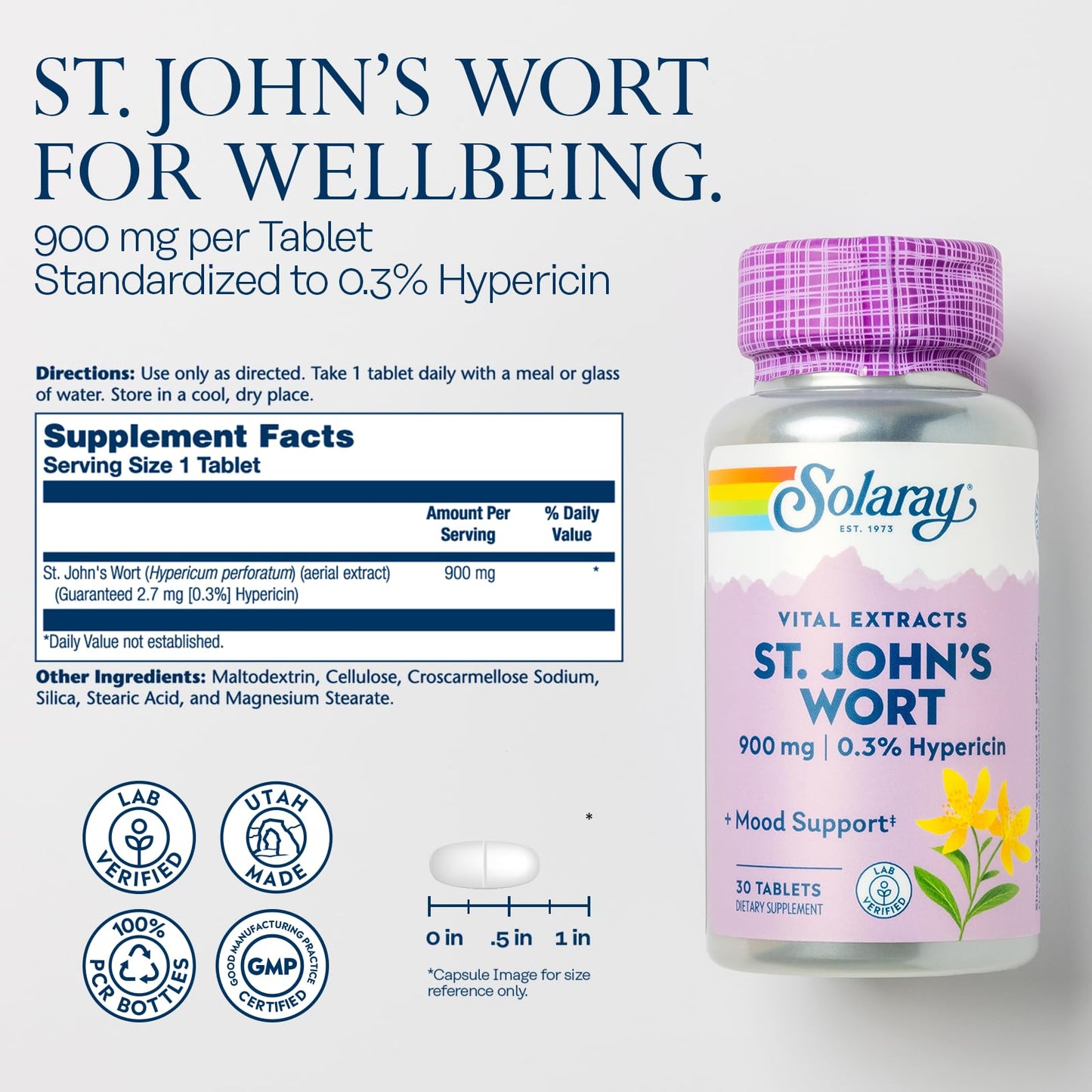 Solaray St John's Wort 900 mg Capsule, 30 Tablets