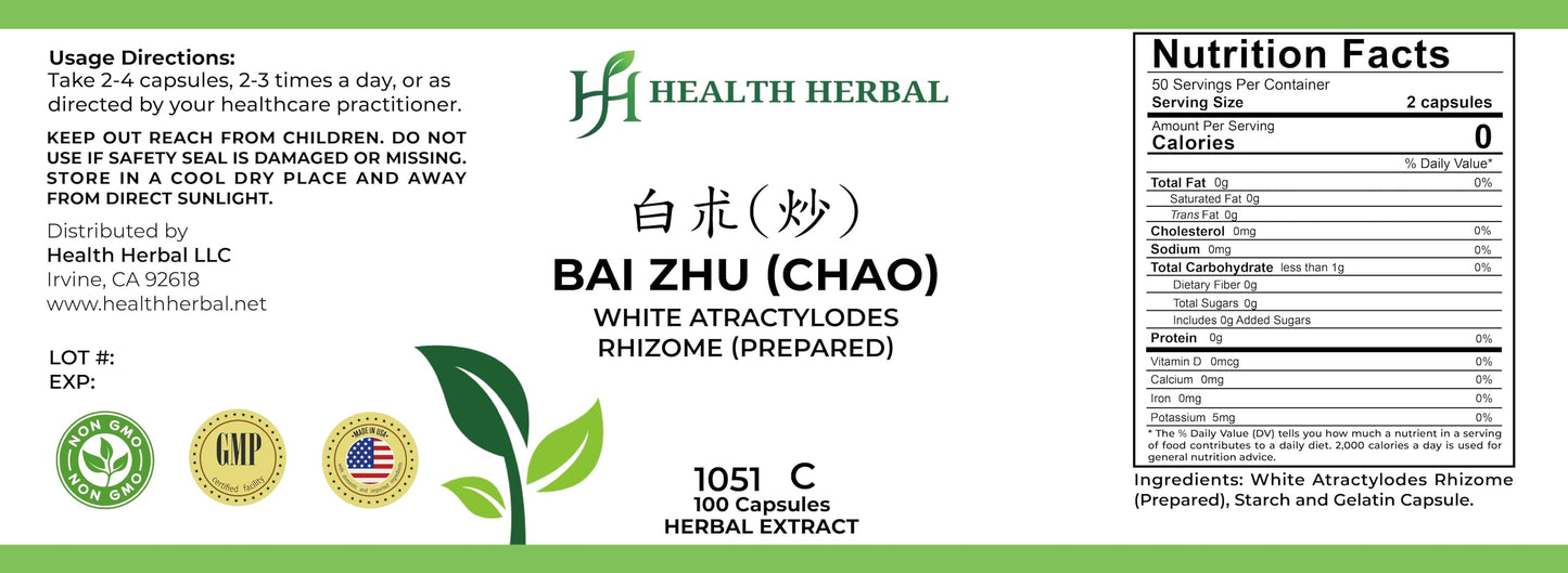 Health Herbal Bai Zhu (Chao)/White Atractylodes Rhizome (Prepared) Capsules 100