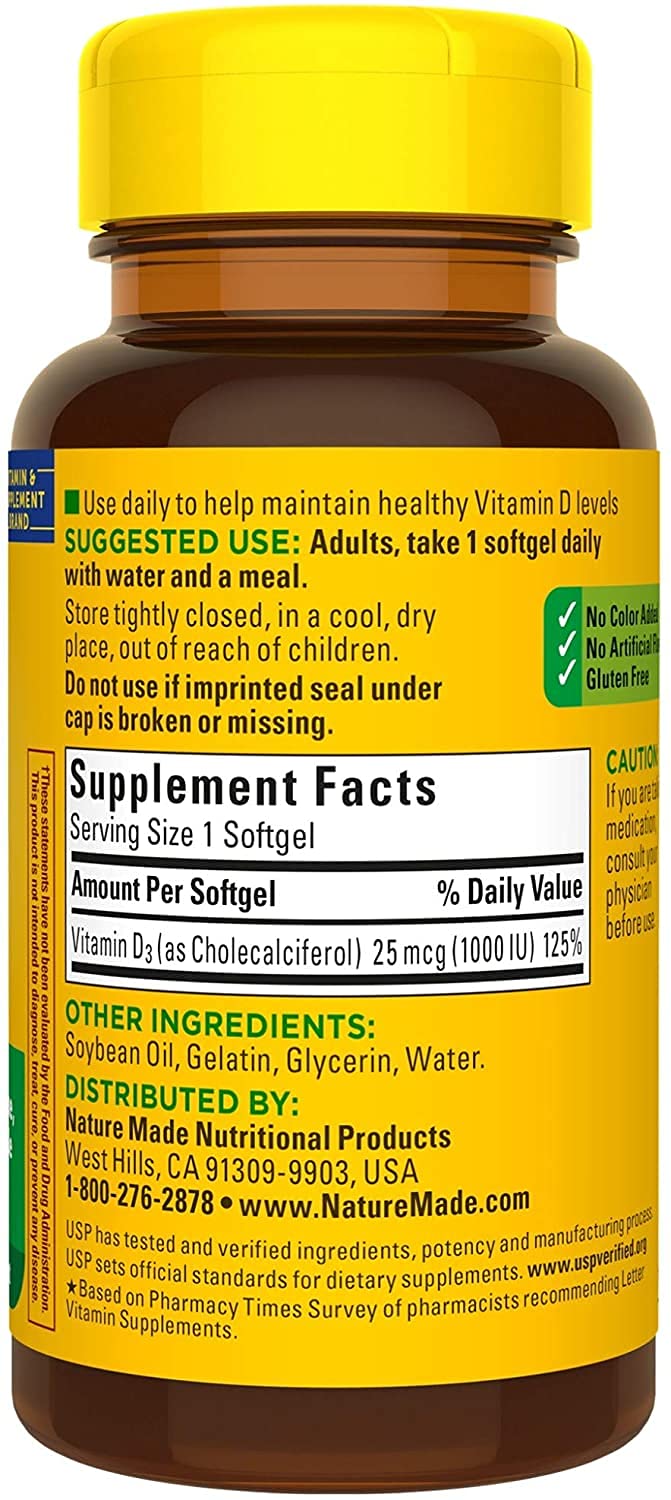Nature Made Vitamin D3 1000 IU Supplement Softgels, 200 Count