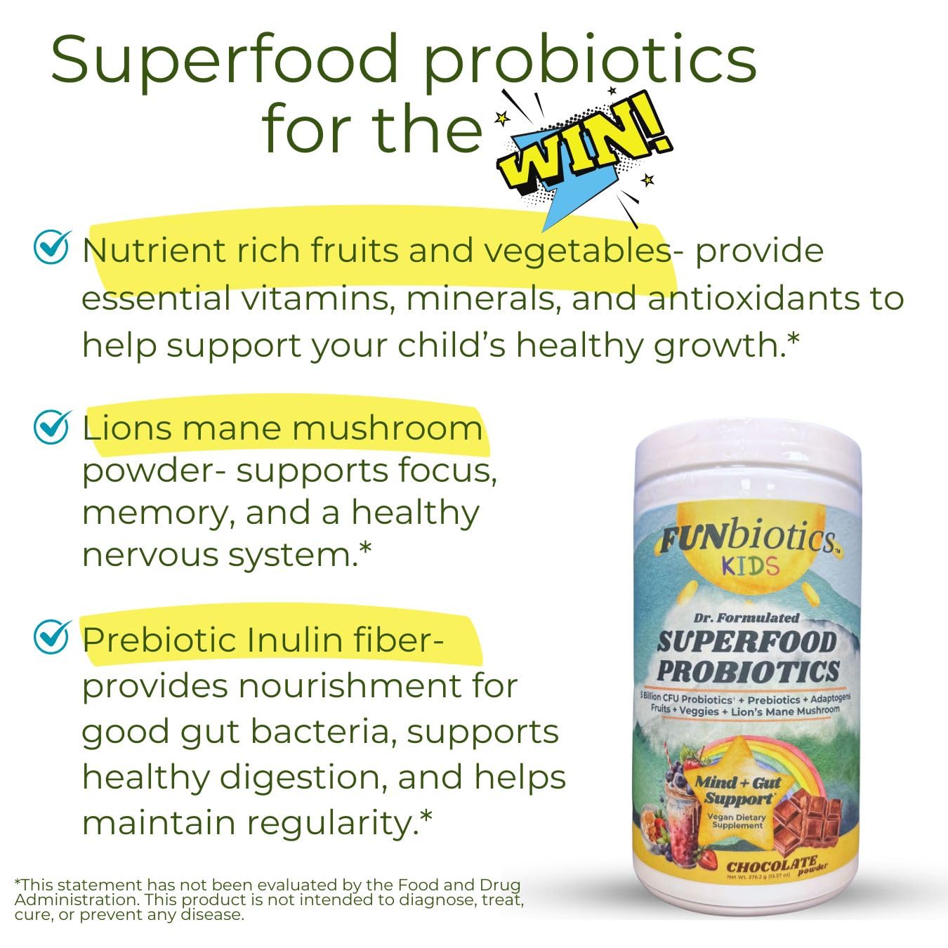 FUNbiotics Kids Probiotics Powder - Dr. Formulated Superfood Probiotic Powder with 5 Billion CFU, Prebiotics, Adaptogens, Lion's Mane - 13.27 Ounce