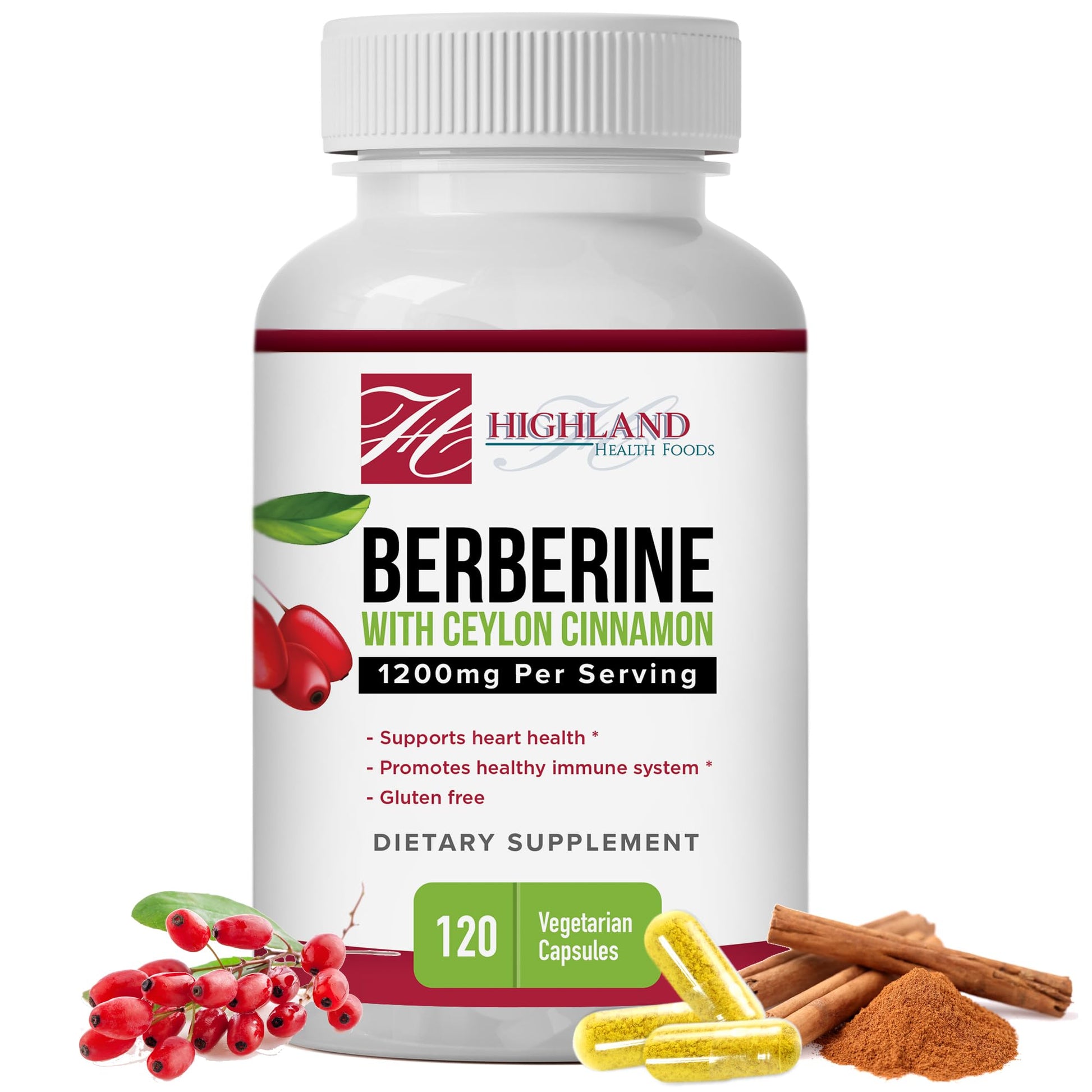 Highland Health Foods Berberine with Ceylon Cinnamon 1200 mg, Berberine HCL and Cinnamon for Blood Sugar and Metabolic Support, Capsules, 120