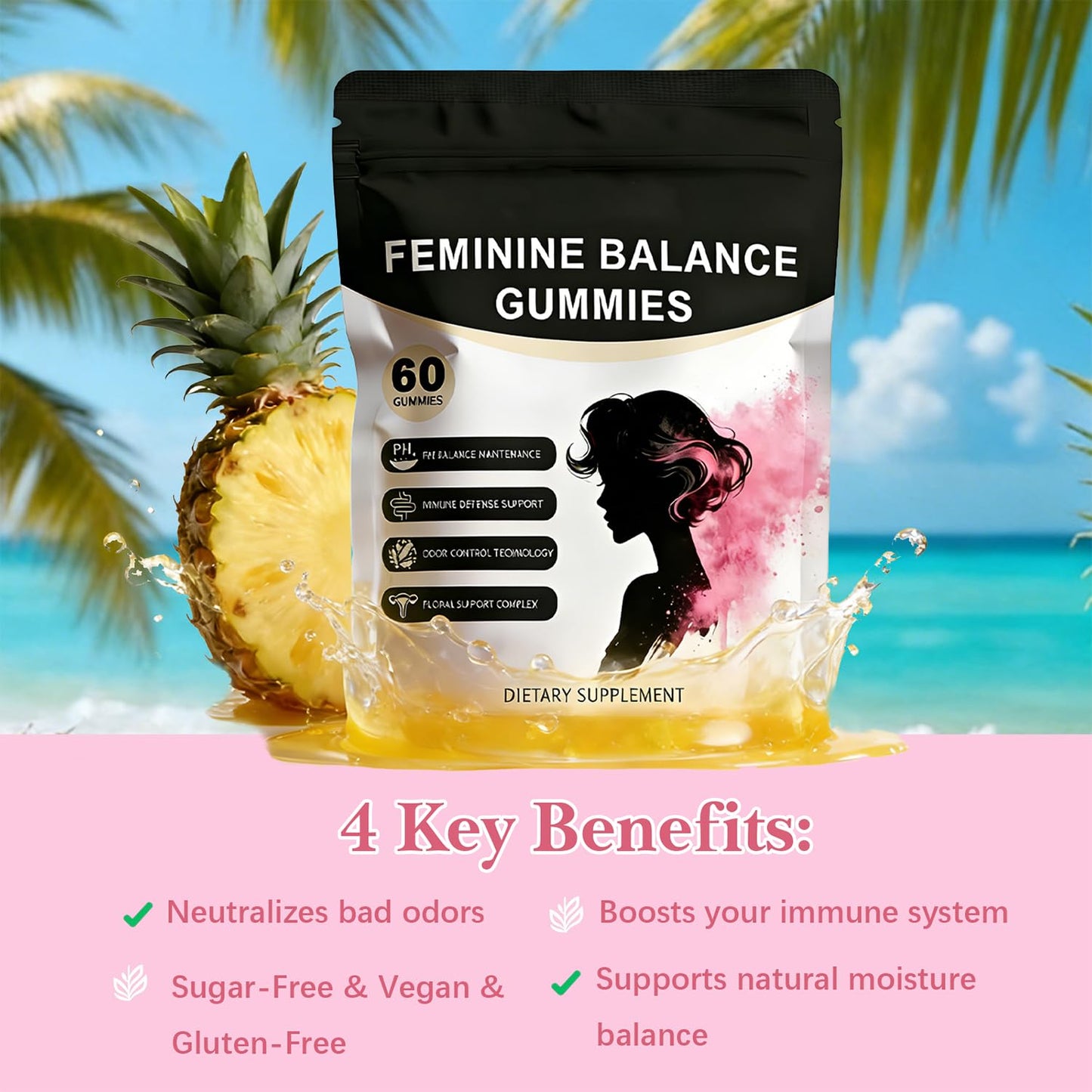 QYGCHUSIN Feminine Balance Gummies for Women - Vegan Pineapple Gummy Vitamins, Supports Vaginal pH & Healthy Flora, 60 Gummies