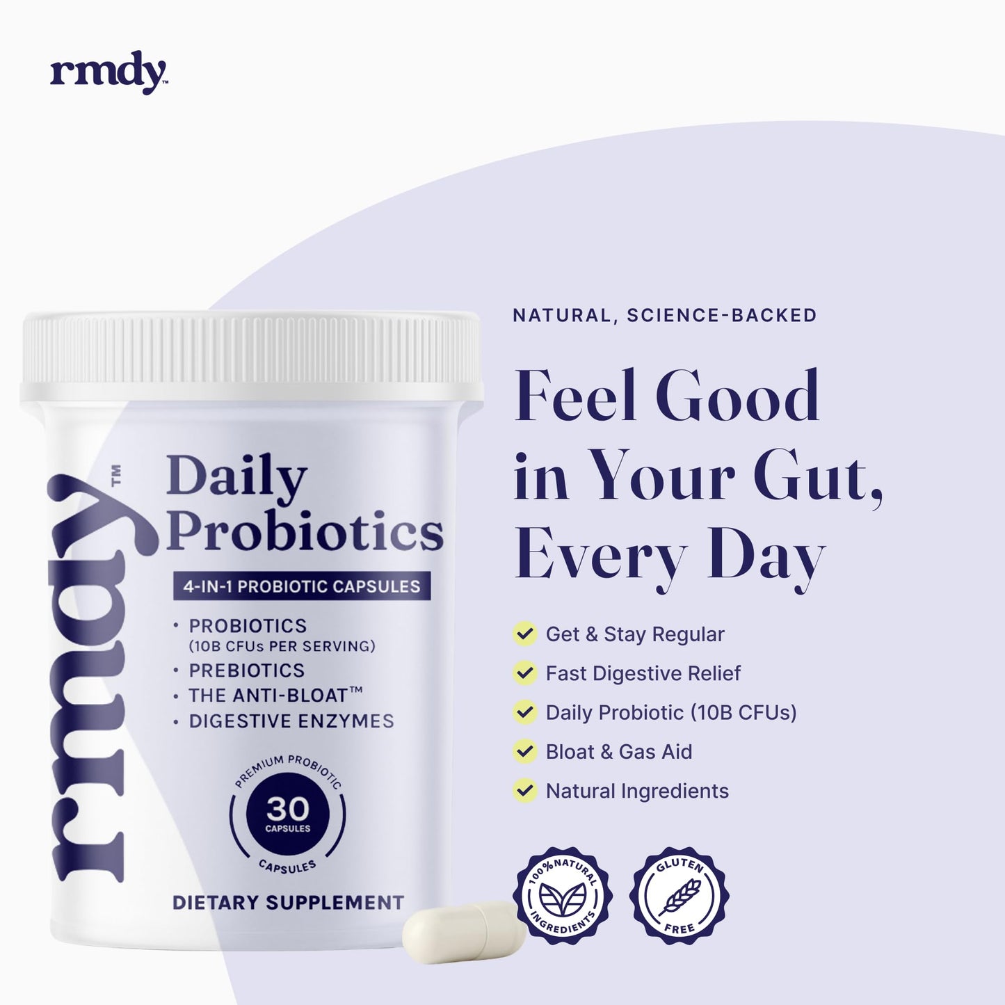 rmdy Constipation, Bloating, & Gas Relief | Relief from Diarrhea, & IBS | Probiotic for Digestive Health & Gut, 30 Capsules