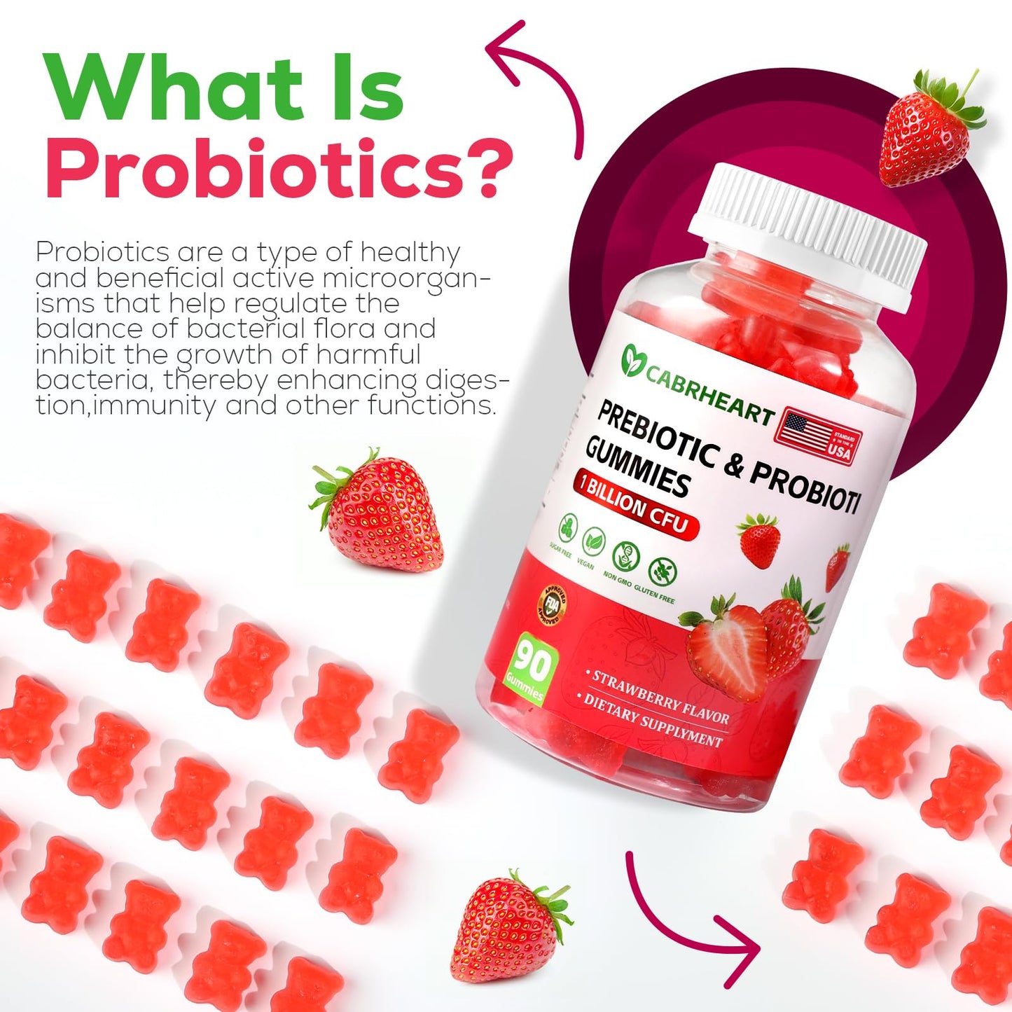 CABRHEART Prebiotics and Probiotics for Women & Men Gummies 1 Billion CFUs, Daily Probiotic for Gut Health and Immune Support, Strawberry Flavor, 90 Count