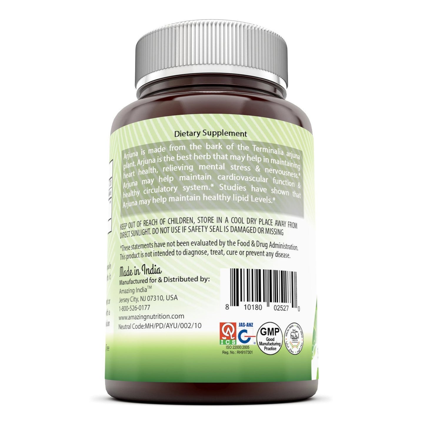 Amazing India Arjuna Bark Standardized to 25% Tannins 500 Mg Capsule, 120 Veggie Capsules