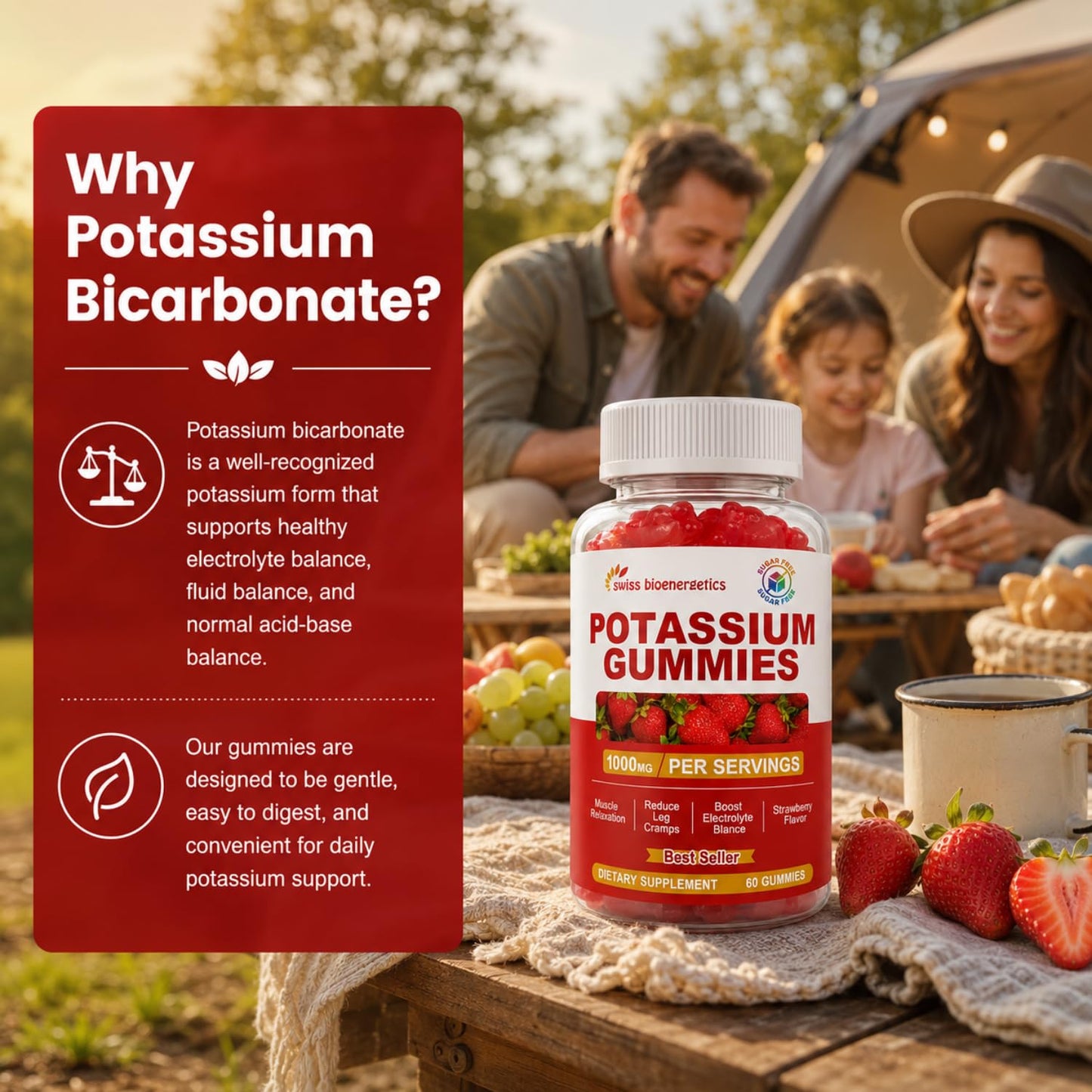 Swiss Bioenergetics Potassium Gummies for Adults & Kids, Strawberry Flavor, 120 Count