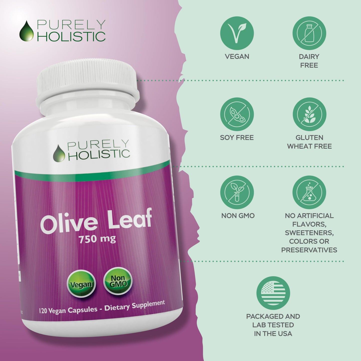Purely Holistic Olive Leaf Extract 750mg Capsules, 120 Count
