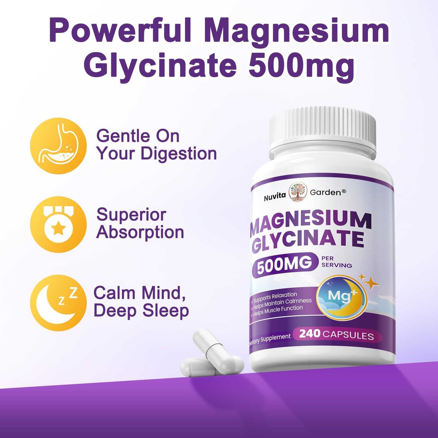 NuvitaGarden Magnesium Glycinate 500mg Capsules 240-Count