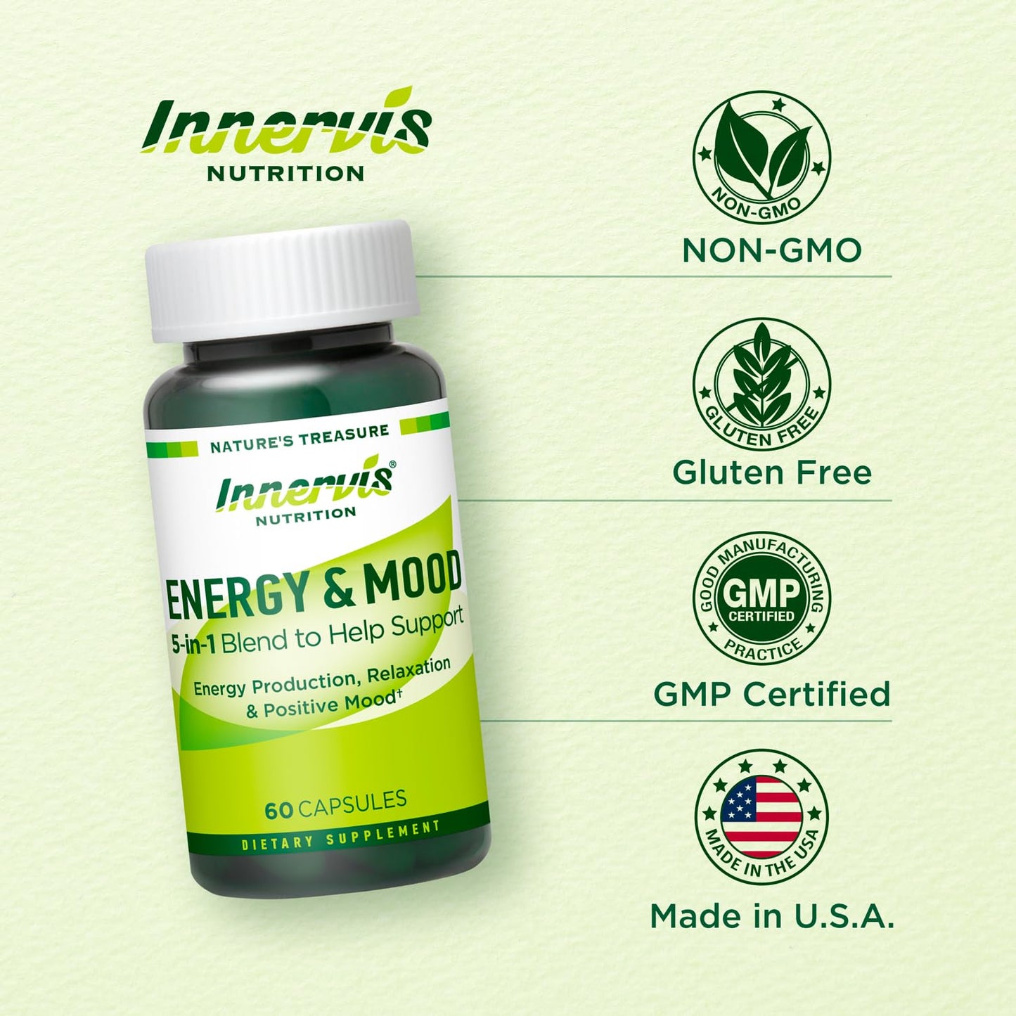 INNERVISNUTRITION Caffeine Free Natural Energy Boost with Ashwagandha, Maca & Magnesium - Support Stress Relief, Focus & Mood, 60 Capsules