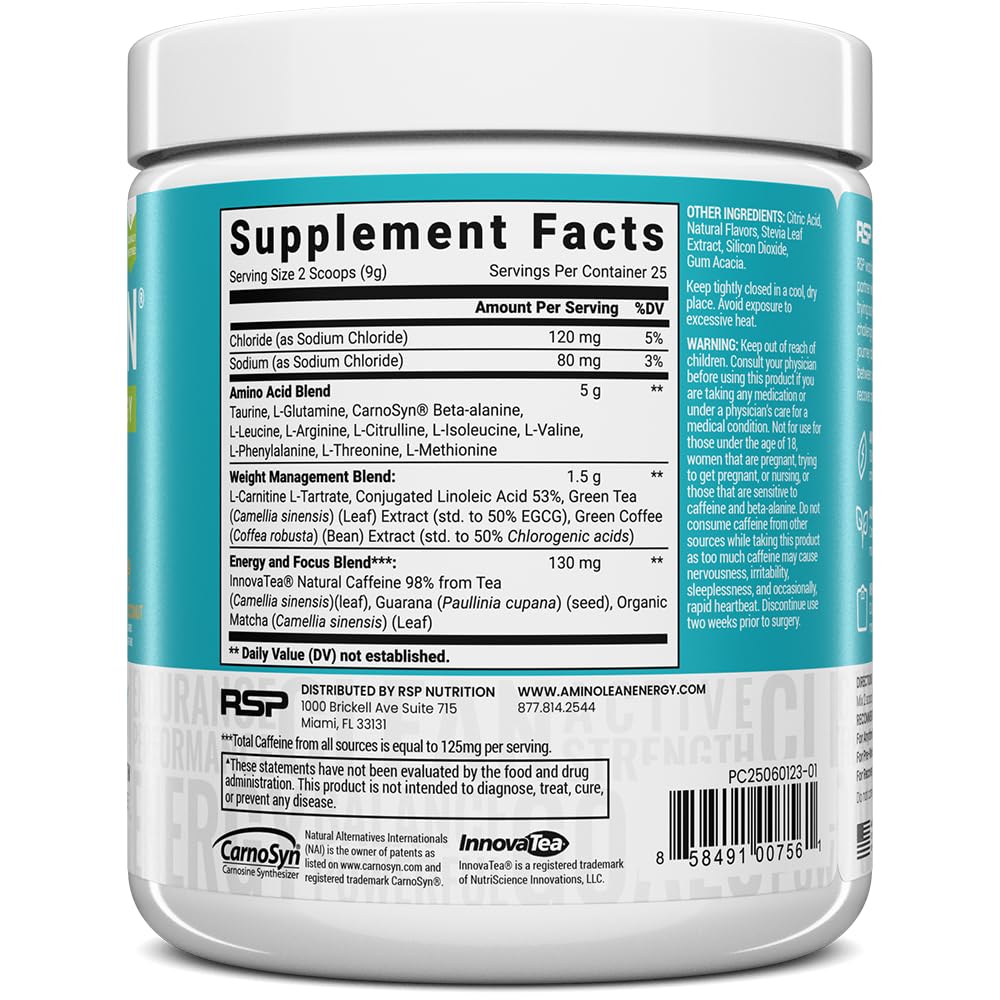 RSP NUTRITION AminoLean Natural Pre Workout Powder & Amino Energy with Vegan BCAA + EAA, 7.94 Ounce