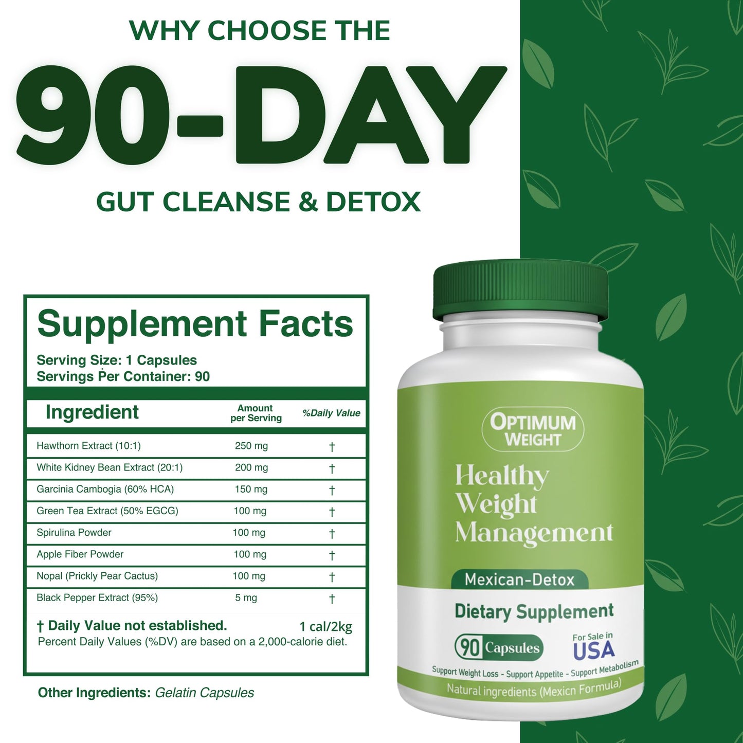 OPTIMUM WEIGHT 90 Day Gut Cleanse & Full Body Detox – Mexican Herbal Formula for Healthy Weight Management – Supports Metabolism, Digestion & Detox Balance – 90 Capsules