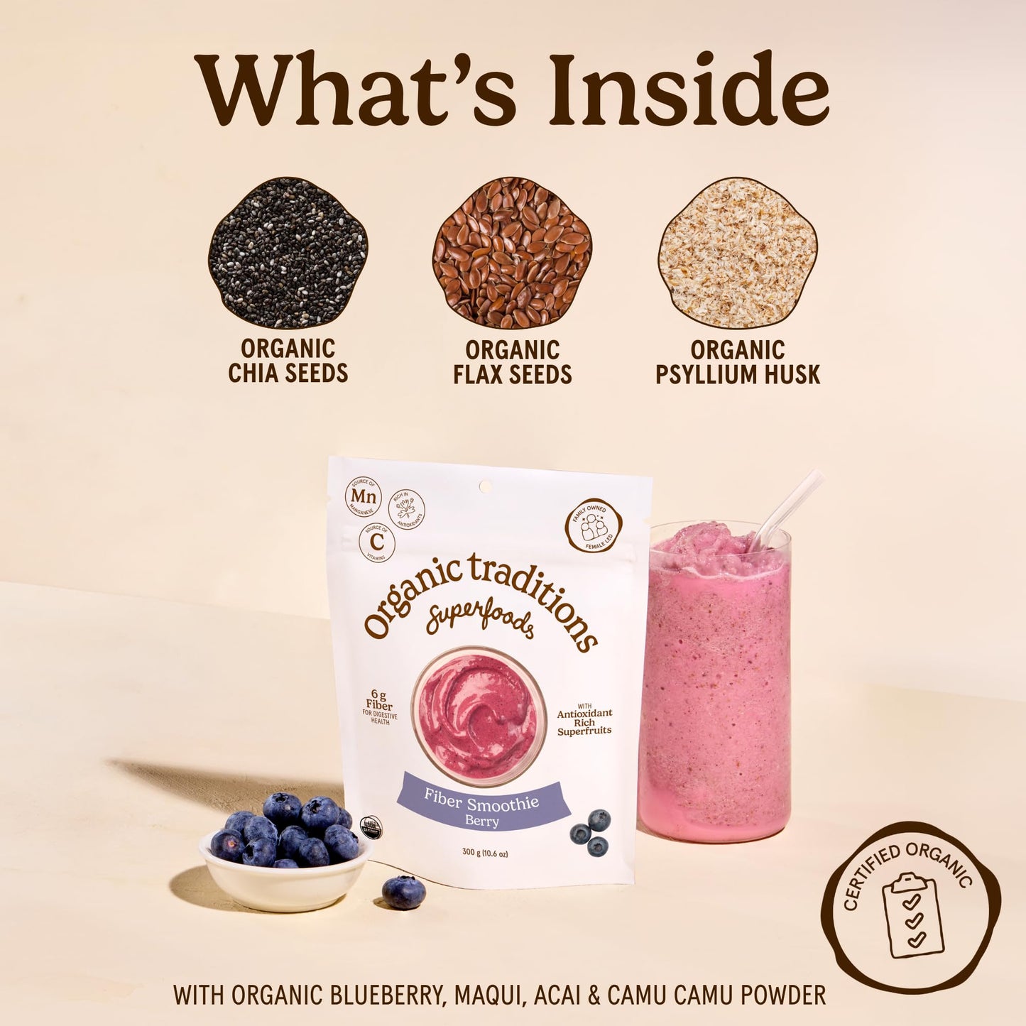 Organic Traditions Fiber Smoothie Berry Prebiotic Fiber Powder with Chia, Flax, Acacia, Psyllium, Superfruits and Superfood Blend, Supports Digestive Health and Daily Wellness, 10.6 oz