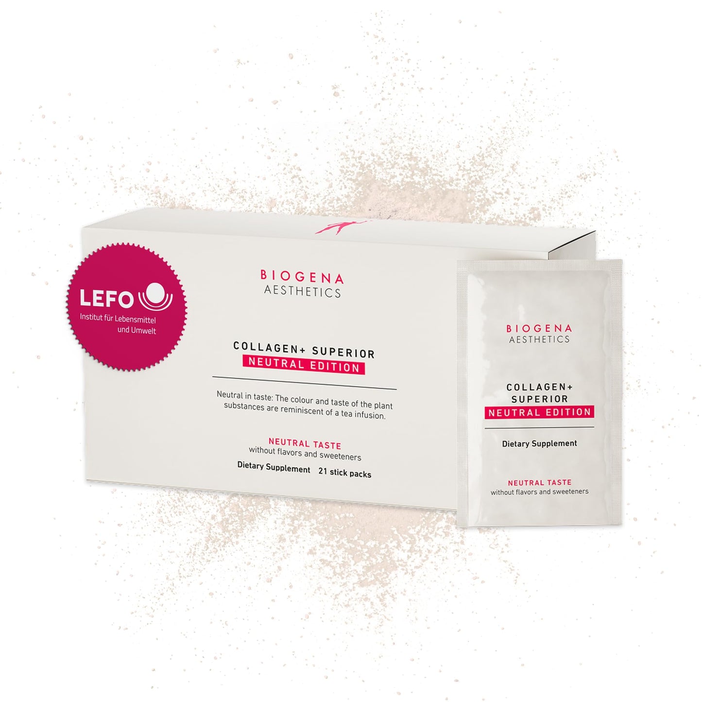 BIOGENA Collagen+ Superior Neutral Edition Collagen Peptides Powder Sticks with Biotin & Zinc, Premium Marine Collagen Powder Unflavored, 21 Travel Packets