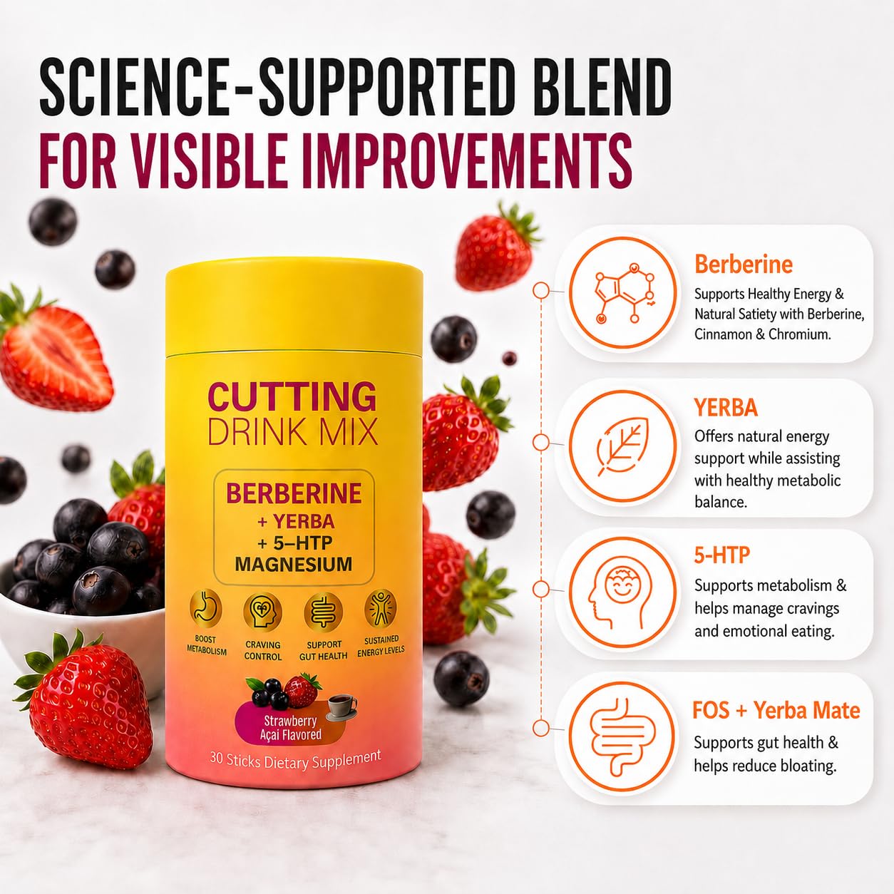 QYGCHUSIN Cutting Drinking Mix Gut Health & Energy with Magnesium, Berberine, 5-HTP, Yerba Mate & FOS Strawberry Acai Flavor Powder 6.35 Ounce