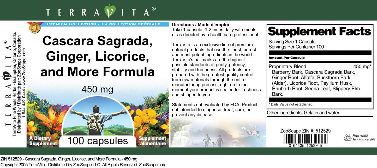 Terravita Cascara Sagrada, Ginger, Licorice, and More Formula 450 mg Capsules, 100 Capsules