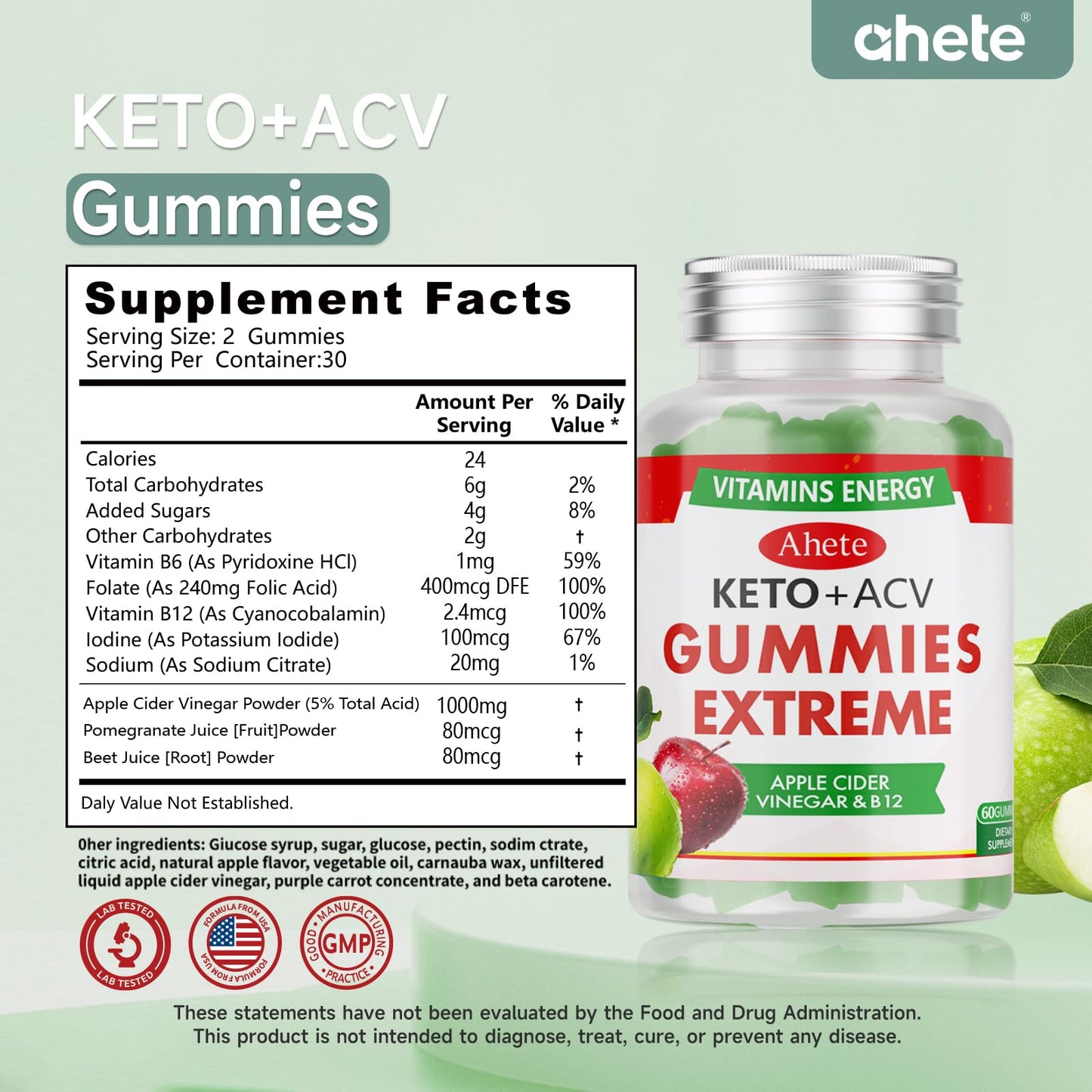 Ahete Keto Apple Cider Vinegar Gummies with Vitamin B6, B12, Folate & Beet Root, Keto ACV Gummy Supports Daily Wellness & Metabolism, Natural Apple Flavor, 120 Gummies
