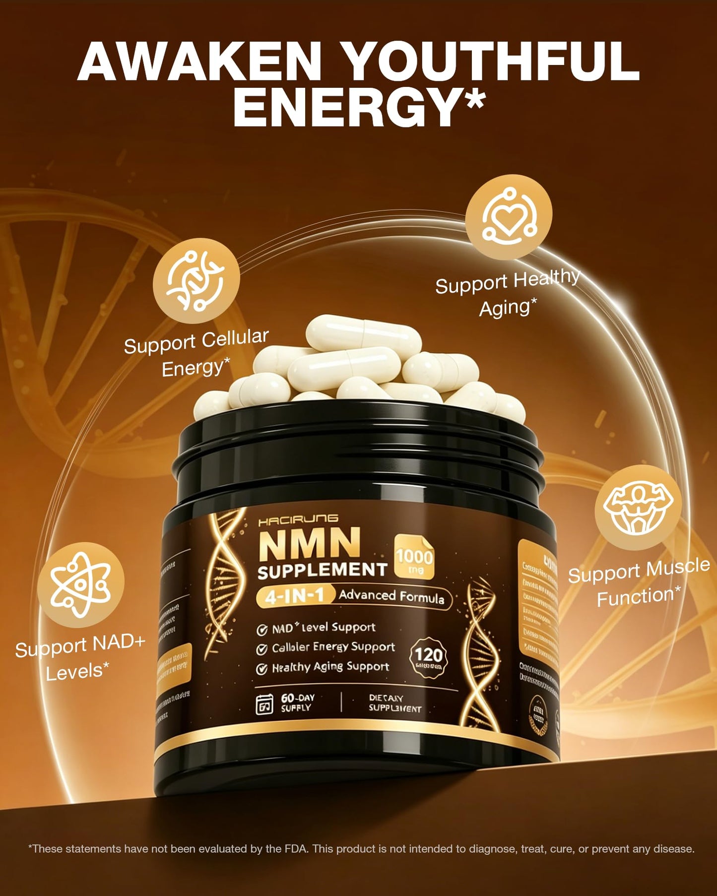 HACIRJNG NMN Supplement, 4-in-1 NMN with Resveratrol, TMG & Quercetin, 120 Capsules
