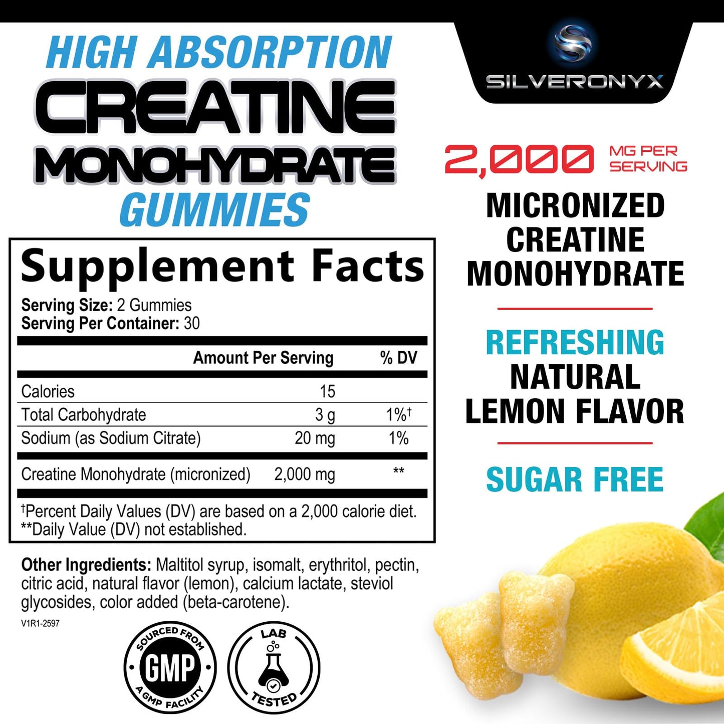 SILVERONYX Creatine Gummies 1000 MG per Gummy, Lemon, 60 Count