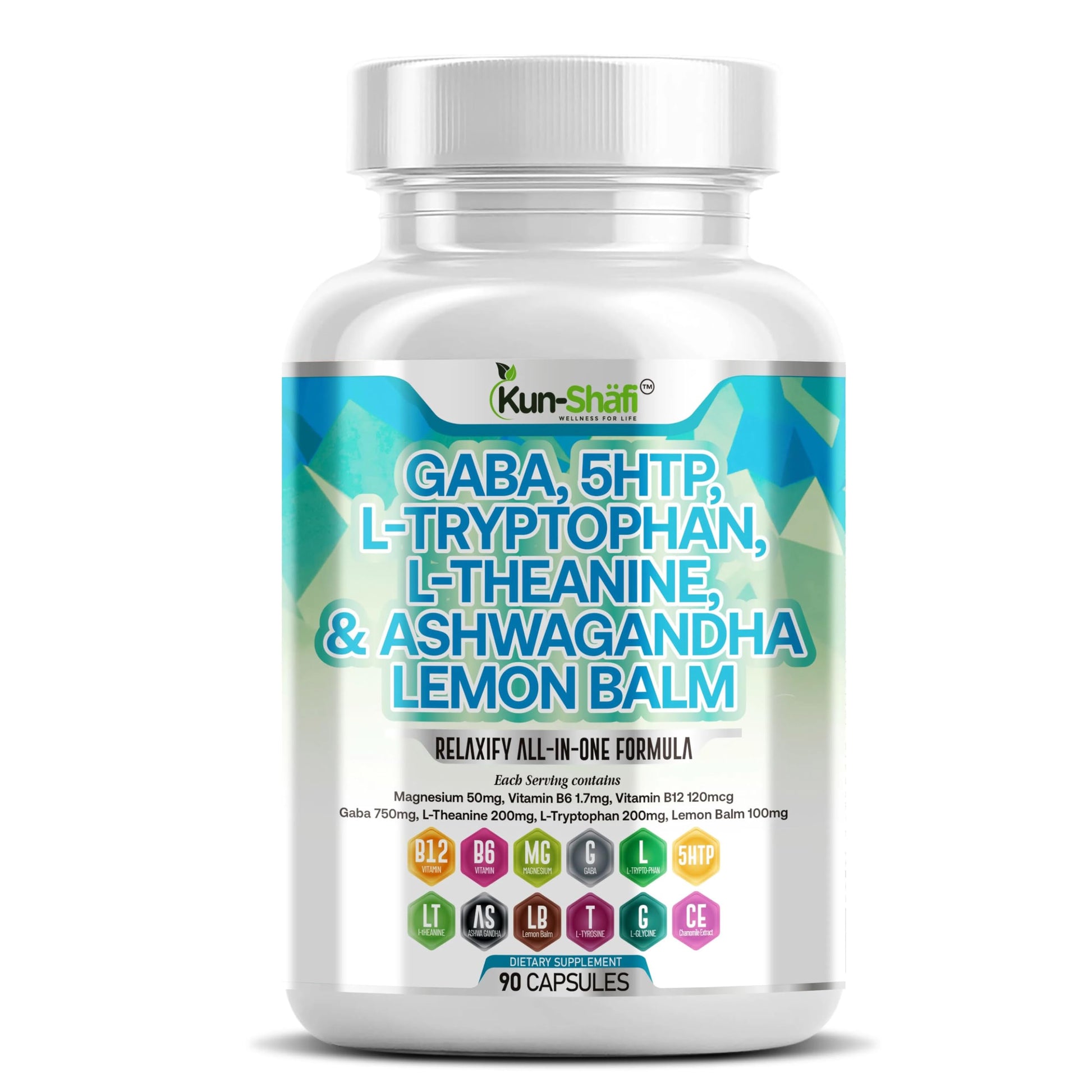 Kun Shafi GABA 750mg, 5-HTP 100mg, L-Tryptophan, L-Theanine, Ashwagandha, SAM-e, L-Glycine-Mood Support Vitamins for Women and Men with L-Tyrosine, S-Adenosy, L-Methionine 90 Capsules