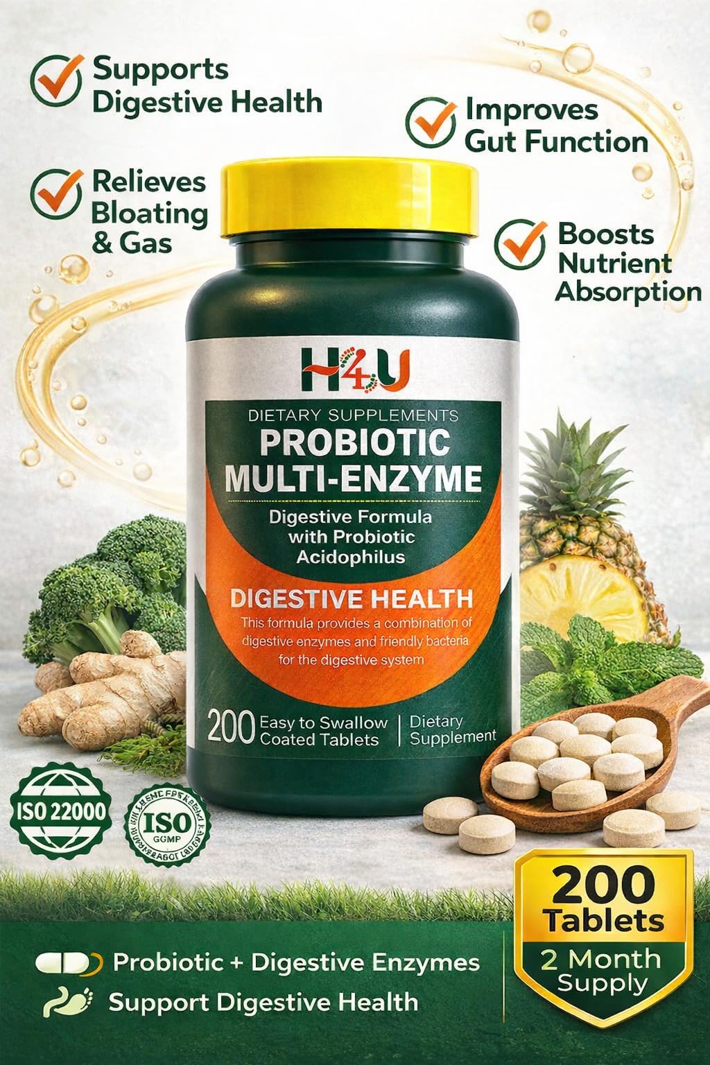 H4U Probiotic Multi-Enzyme Digestive Formula Tablets, 200 Count