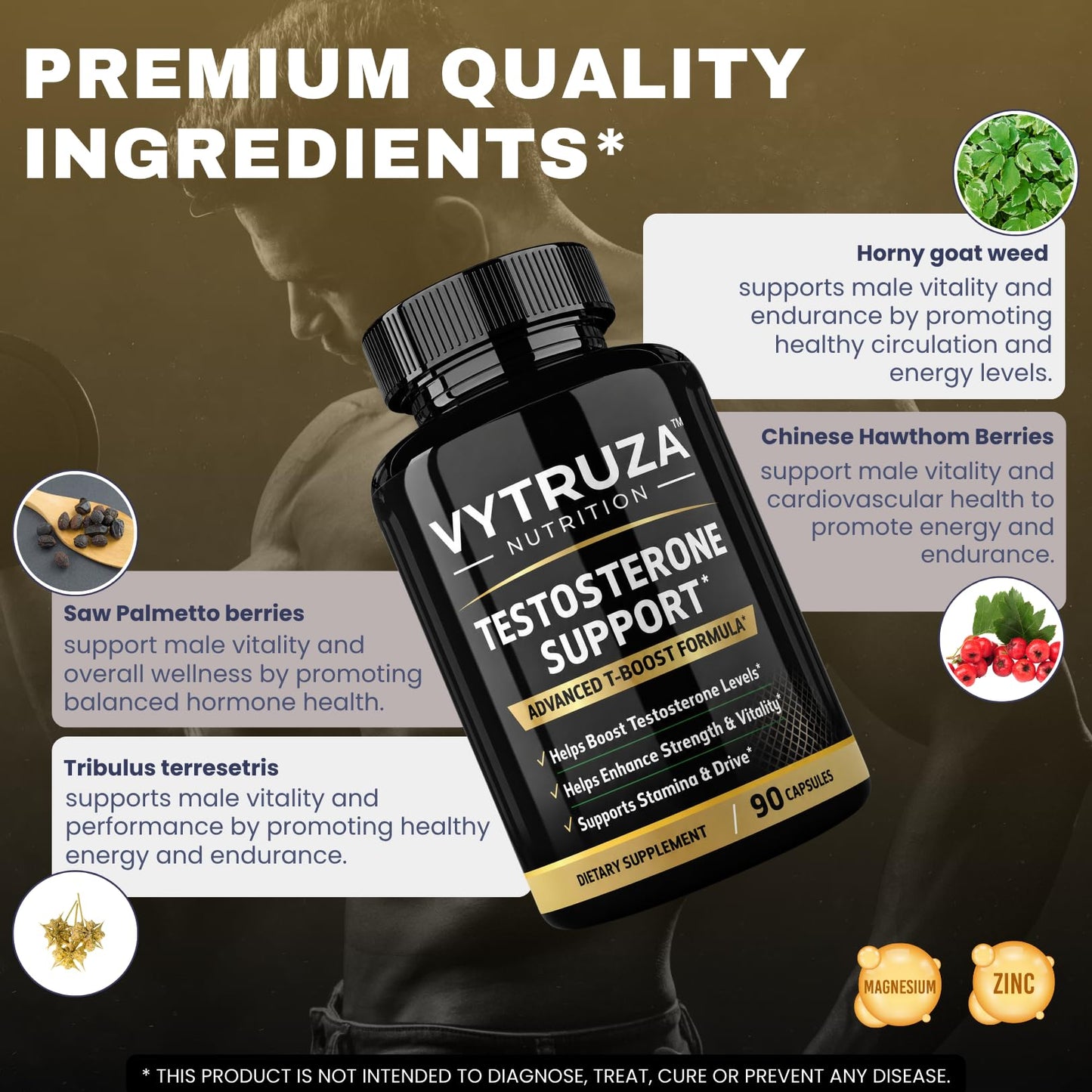 VYTRUZA Testosterone Supplement for Men - Advanced T-Boost Formula for Energy, Strength, Stamina - Natural Testosterone Booster for Men Muscle Growth Support, 90 Capsules