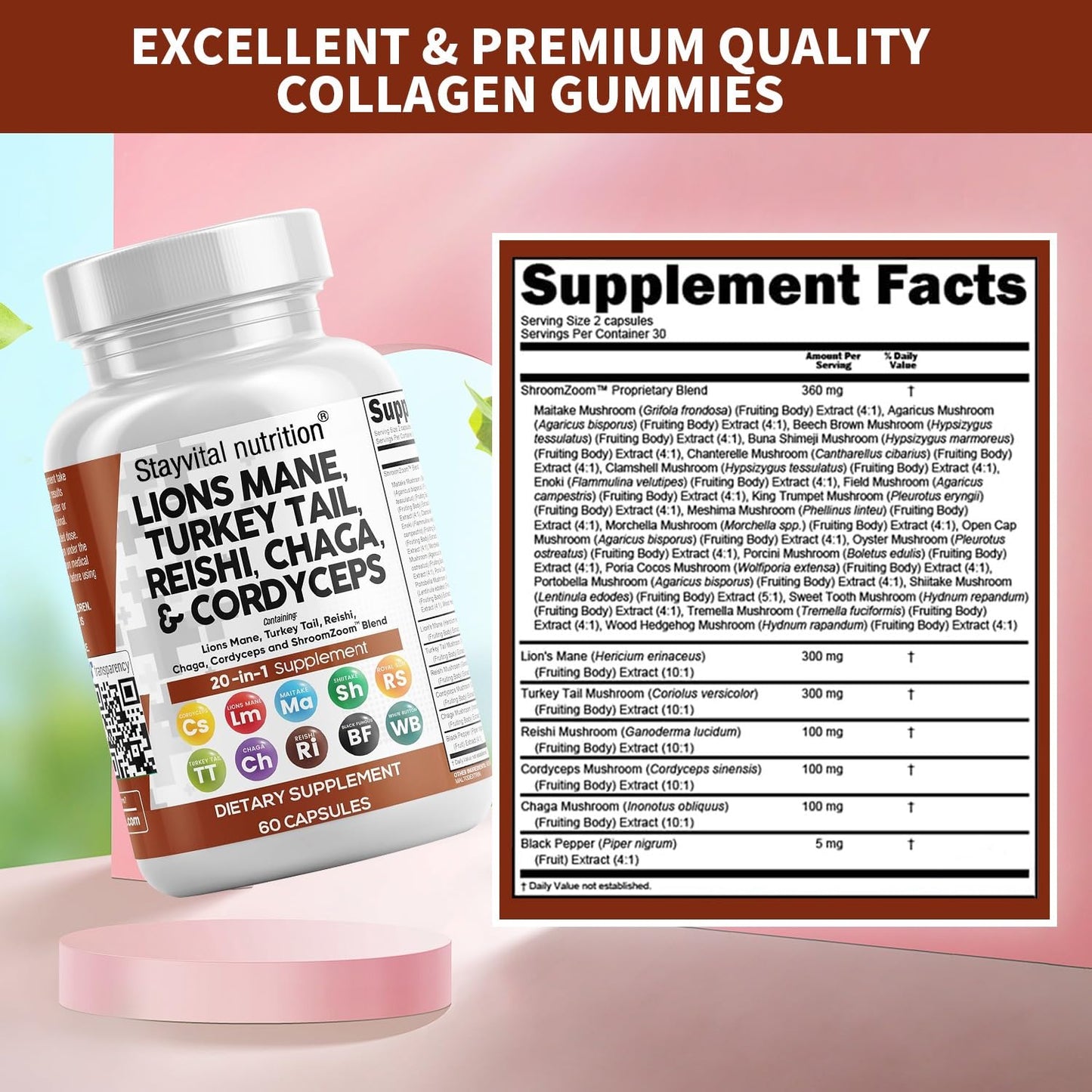 Stayvital Nutrition Organic Mushroom 20-in-1 Supplement 1200mg Vegan Capsules, 60 Capsules